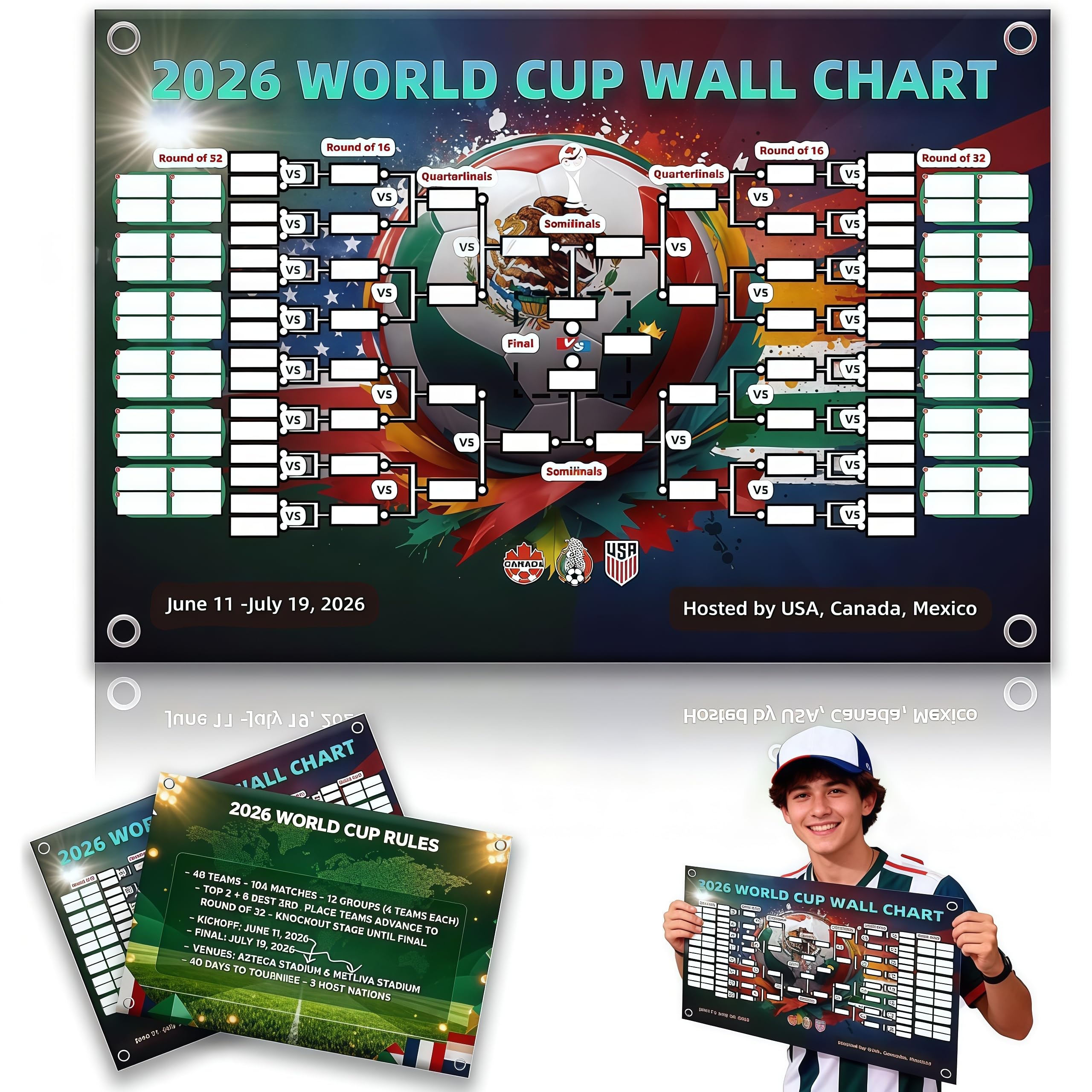 MOPQMKT World Cup Football 2026 48-Team Tournament Fixtures Folded Poster Handwritten Watercolour Pen World Cup Interactive Tournament Poster 90x60cm Great Gifts for Soccer Fans
