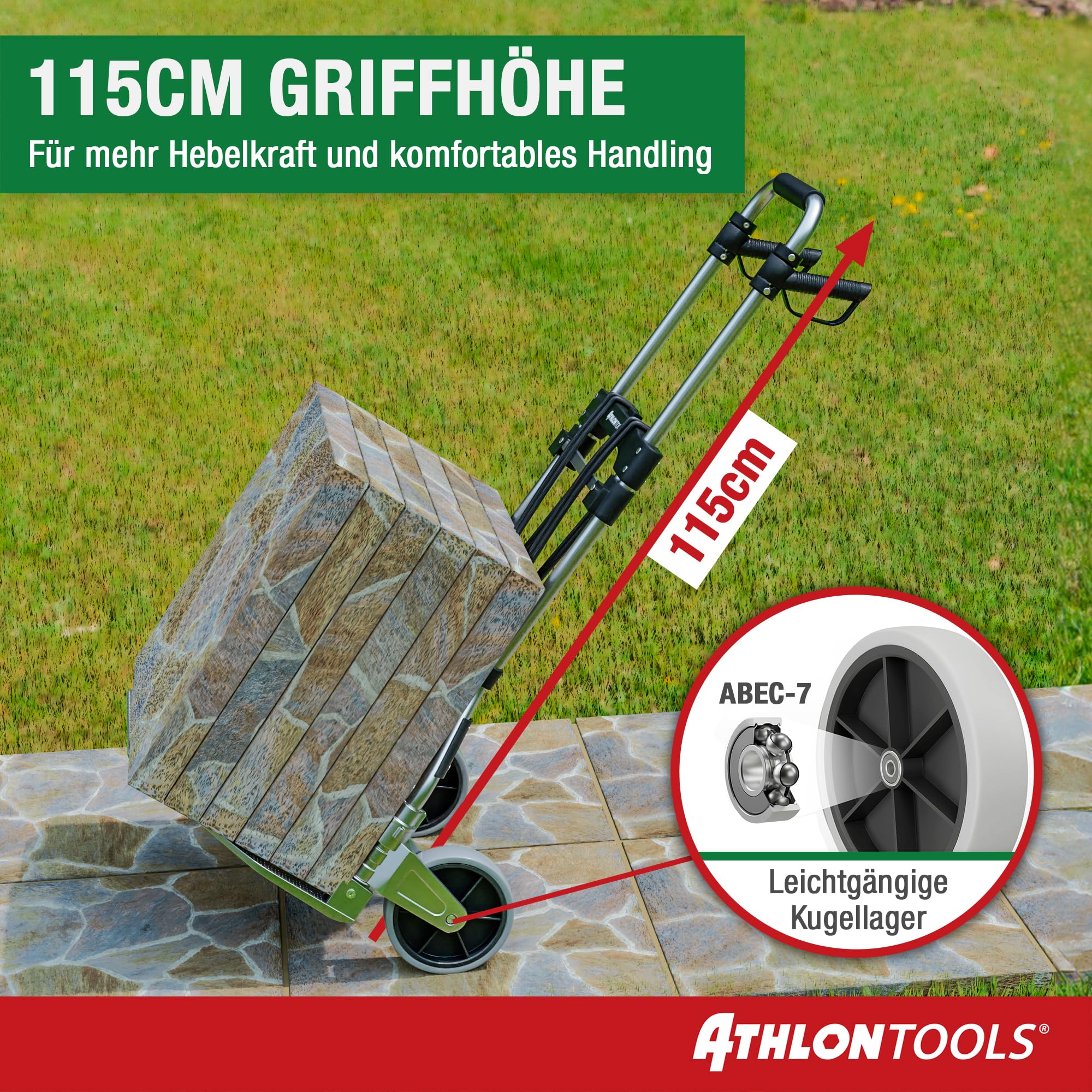 ATHLON TOOLS Schwerlast Sackkarre klappbar 150 kg TÜV GS-geprüft – Langer Teleskopgriff 115 cm, Soft-Laufräder, inkl. 2 Expanderseile - Sackkarre klappbar Alu kompakt & leicht