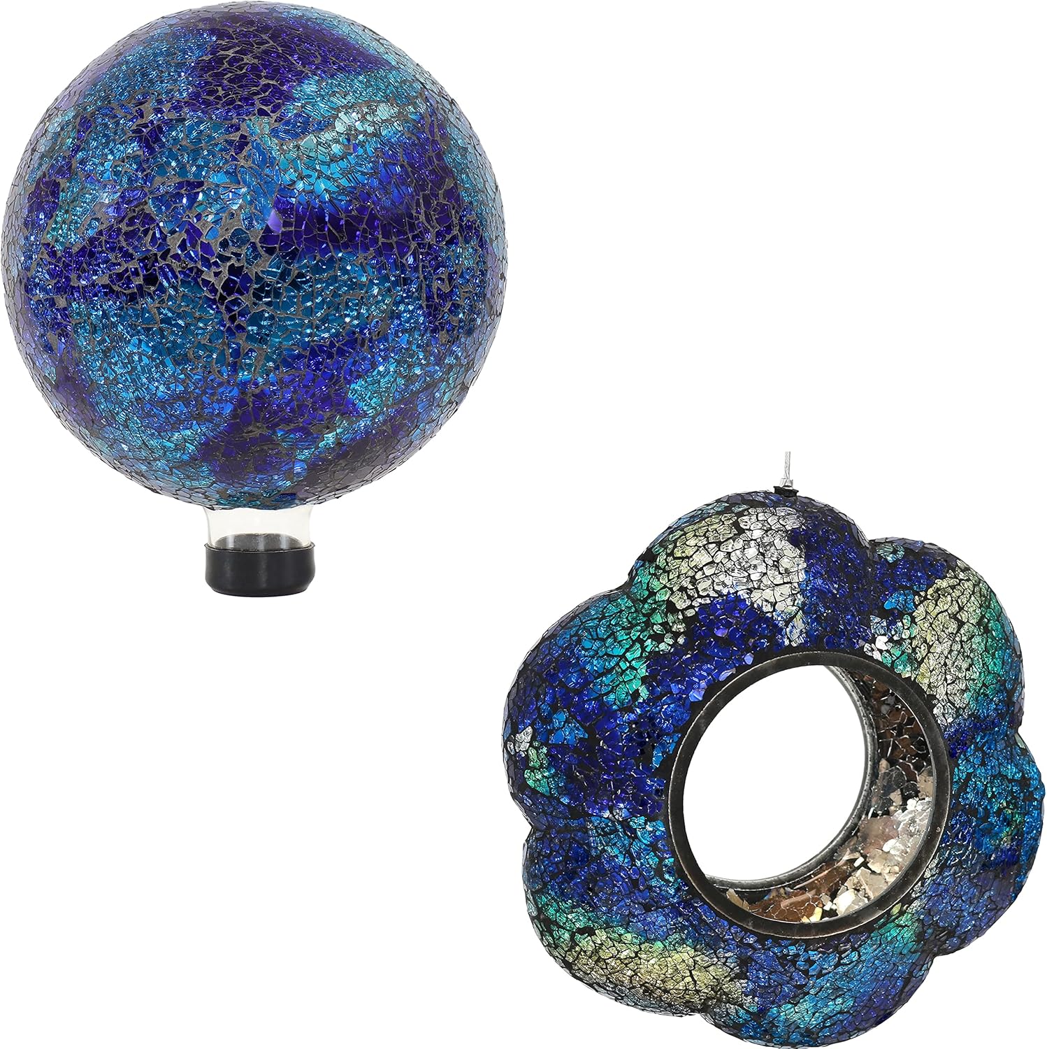 Sunnydaze 9-Inch Indigo Decorative Glass Flower Fly-Through Bird Feeder and 10-Inch Indoor/Outdoor Deep Ocean Swirl Blue Crackled Mosaic Glass Gazing Globe Bundle