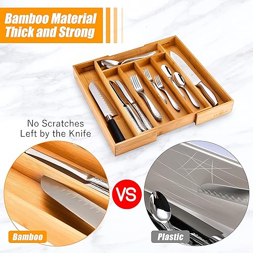 Miniatura 5 de Bellsal Organizador de cubiertos de 2 piezas con ranuras, organizador de cajones de cocina expandible de bambú, bandeja para utensilios de cocina y