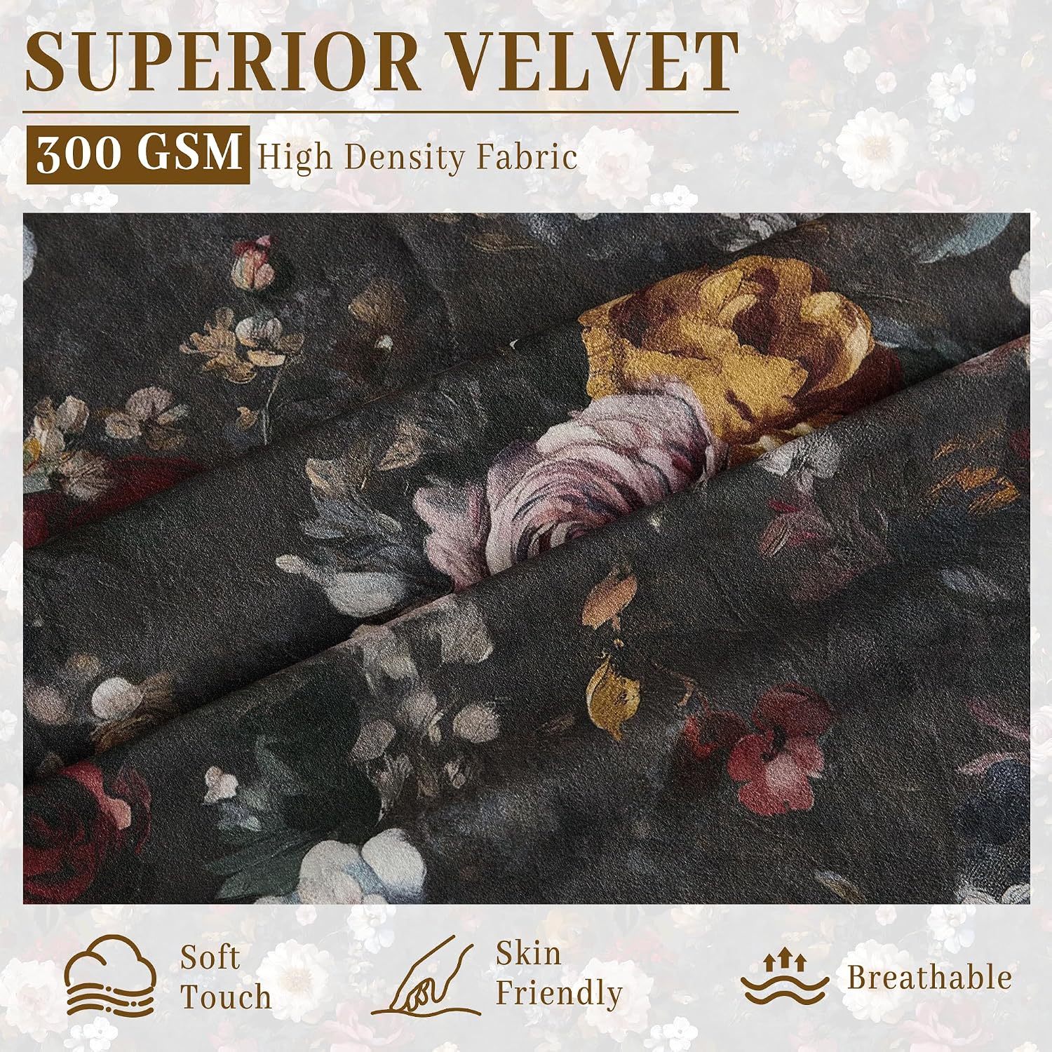 StangH Vintage Floral Curtains for Living Room, Print Patterned Velvet Drapes with Privacy Classic Oil Painting Elegant Home Decor for Sliding Door, Flower on Charcoal, W52 x L84, 2 Panels