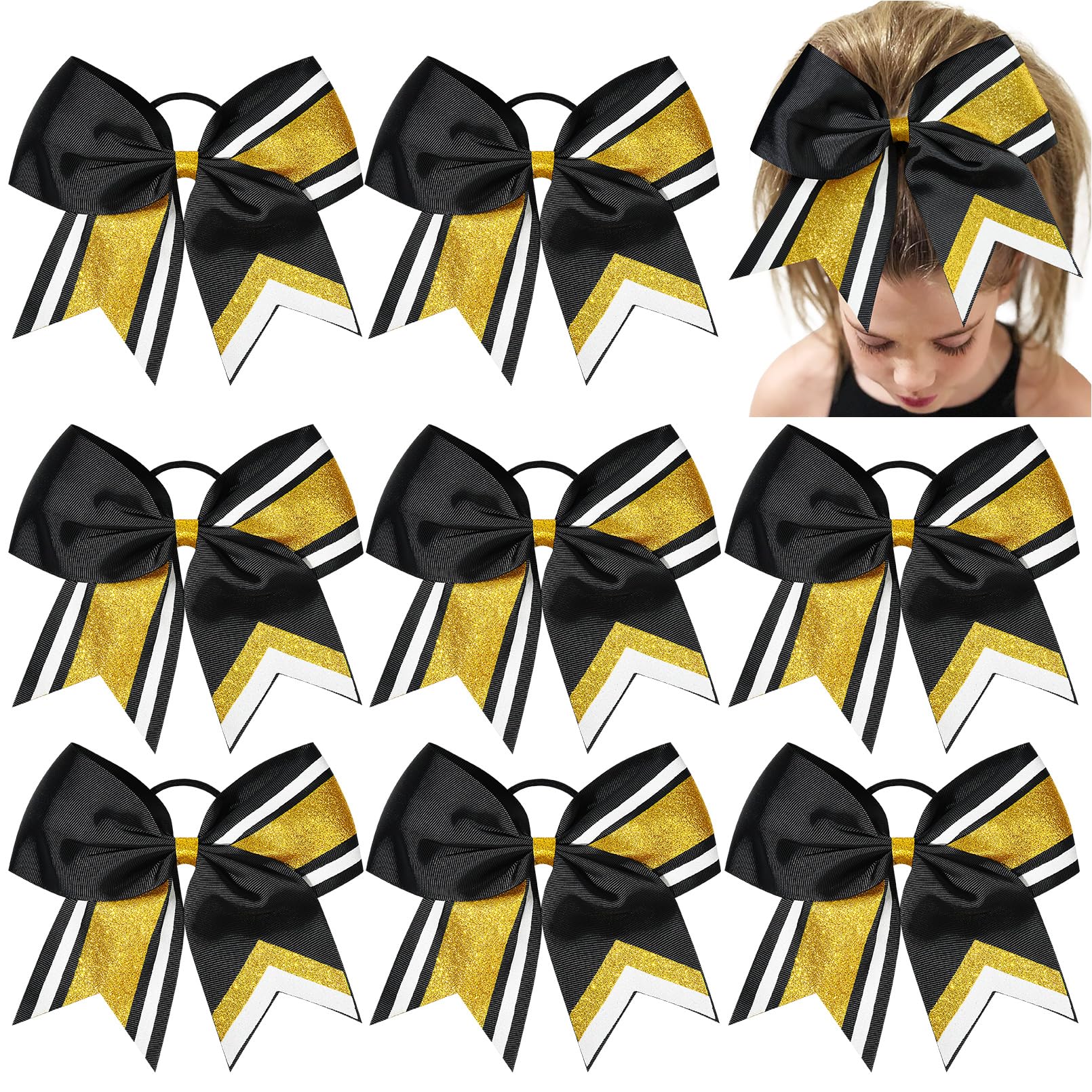 8 PCS Large Cheer Hair Bows 8" Glitter Hair Bows Gold Black Sparkly Cheerleading Softball Team Bow Hair Accessories for cheerleaders football Competition Sports