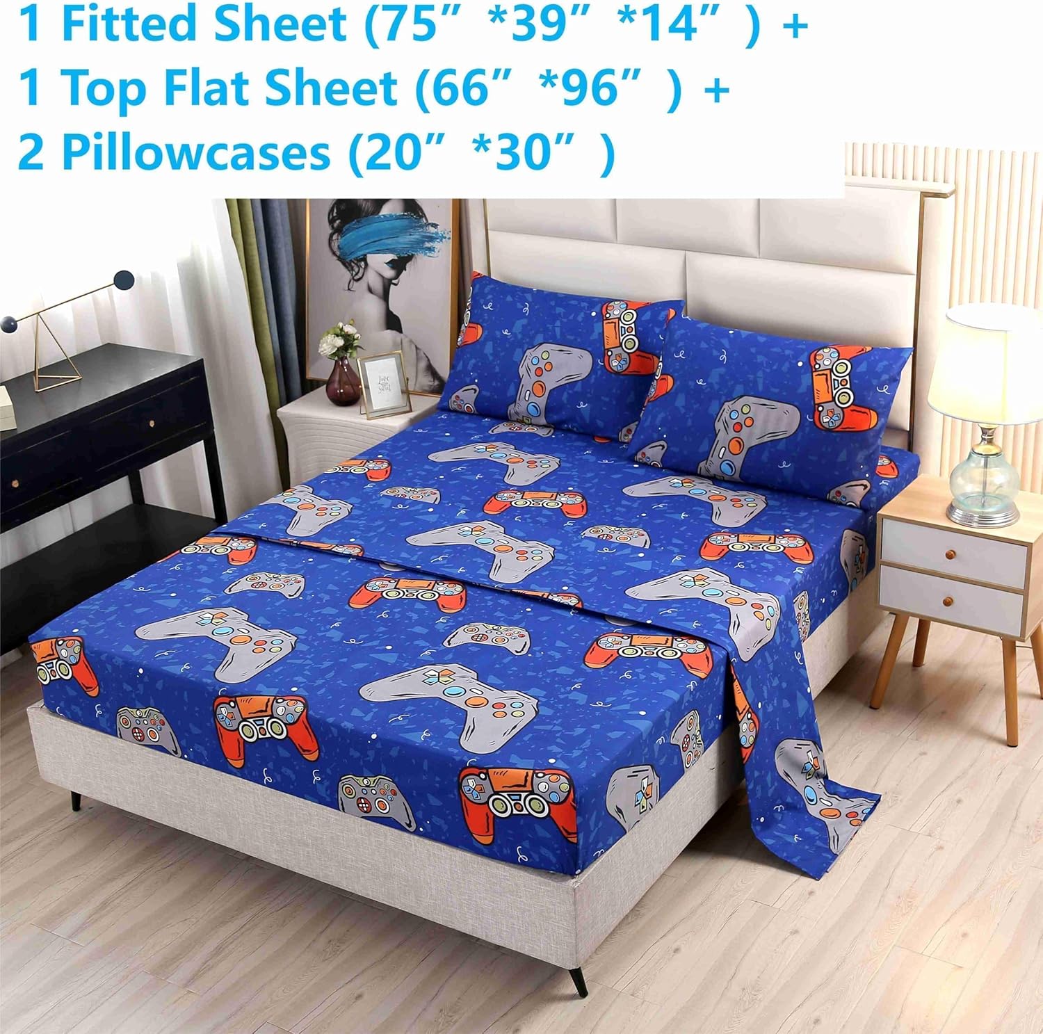 SDIII 4PCS Blue Gamer Sheets Set Twin, Soft Microfiber Gaming Bed Sheet, Games Console Twin Sheets Set for Boys Girls Kids and Teens All Season