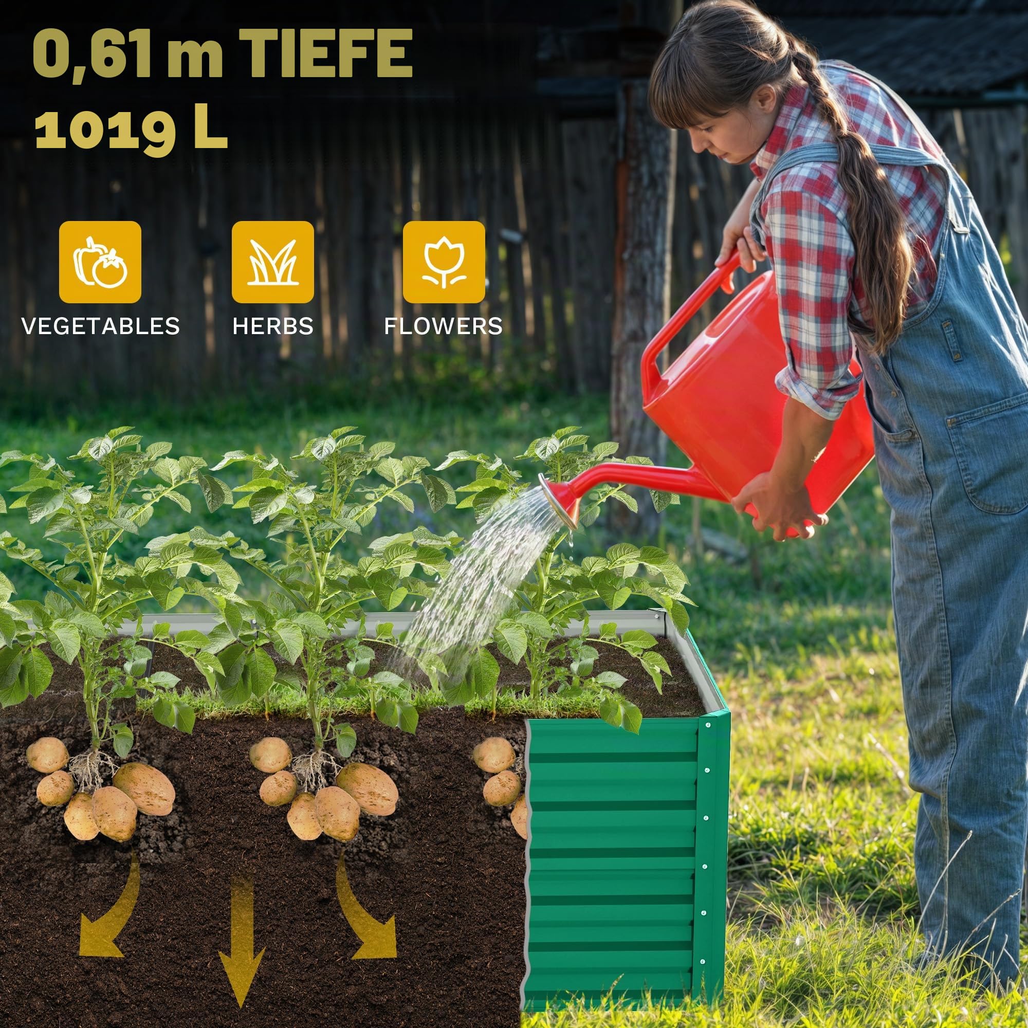 DWVO Hochbeet Metall 180x90x60cm mit Handschuhen, Gartenhochbeet aus Stahl, Rostfrei & Wetterfest, Stabiles verzinktes Beet mit Sicherheitsgummi für Gemüse Blumen Obst, Grün