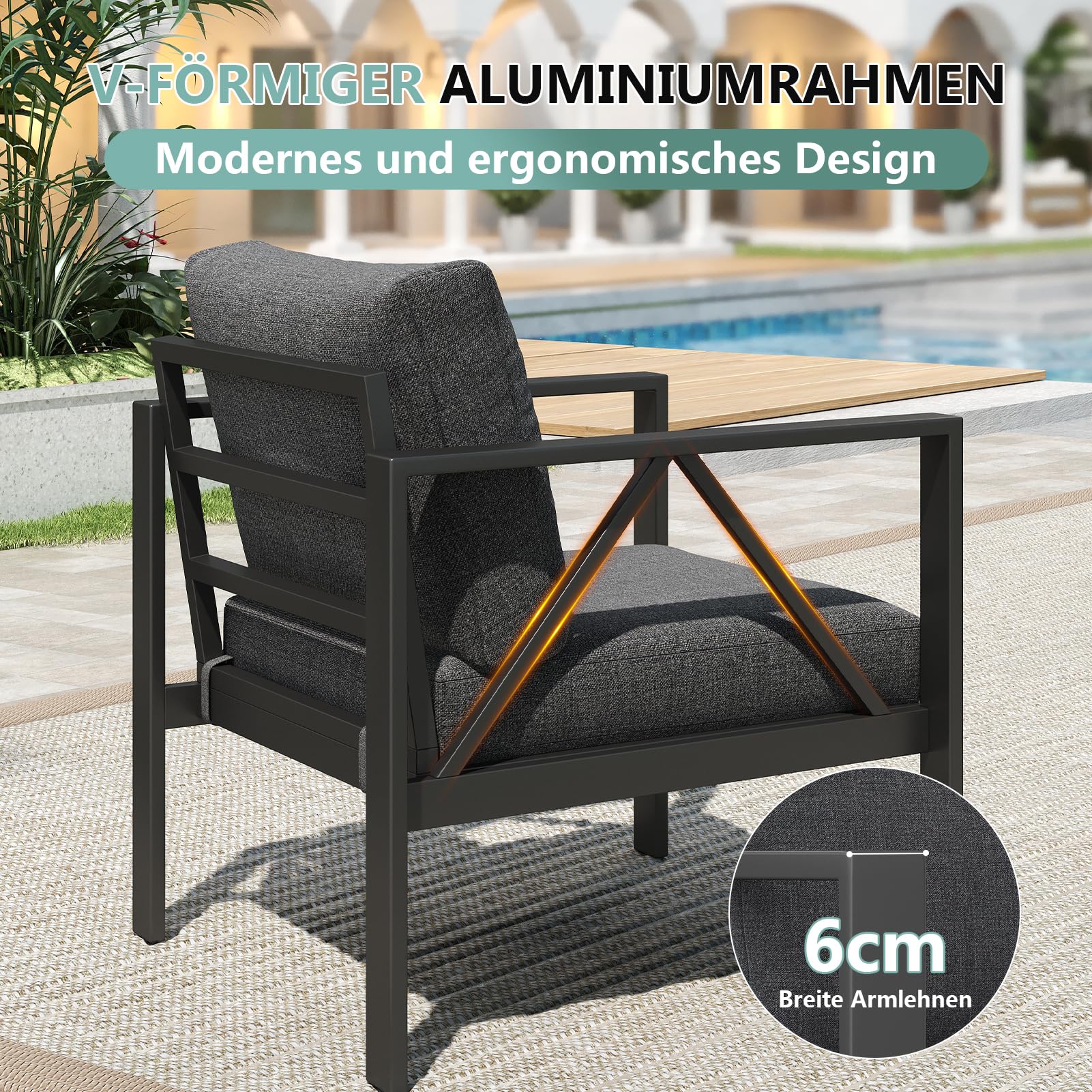OMERAI Aluminium Gartenmöbel Set 4-tlg. für 5 Personen, Gartenlounge mit wasserdichter Schutzhülle, Outdoor Gartengarnitur für Garten, Terrasse & Balkon, Dunkelgrau(1×3-Sitzer Sofa, 2×Sessel, 1×Tisch)