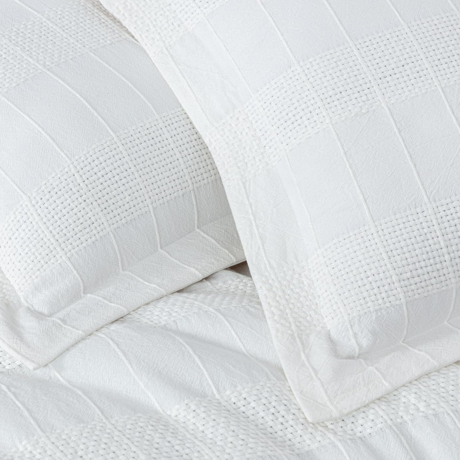 Chezmoi Collection 4-Piece Clip Jacquard Cotton Comforter Set Queen, Boho Chic Textured Tufted Basketweave Striped Bedding with Textured Woven Pillow Cushion, White