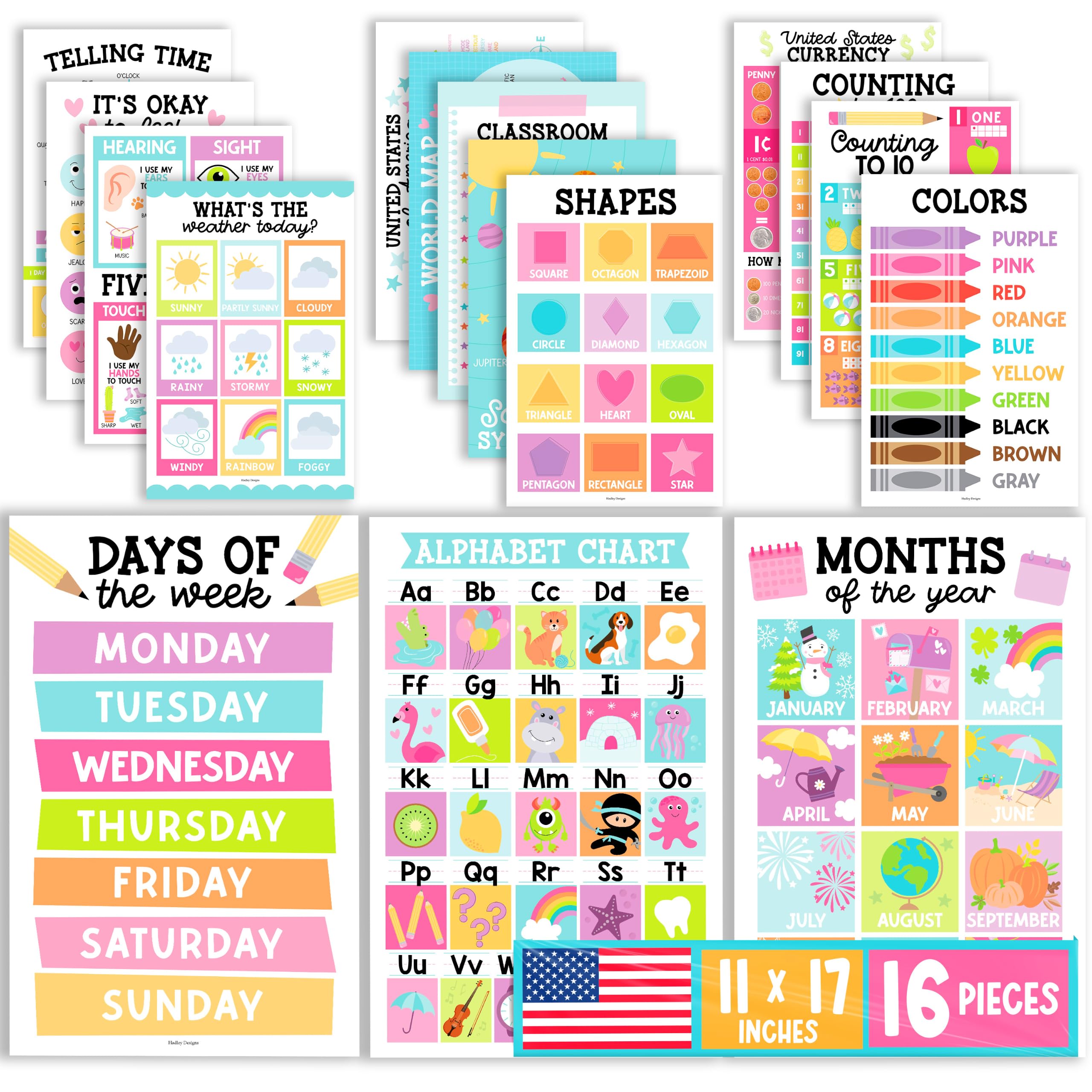 16 carteles coloridos para el aula preescolar, pósteres educativos para niños de 1 a 3 años, carteles de aprendizaje para niños pequeños, suministros de educación en casa, póster del alfabeto para
