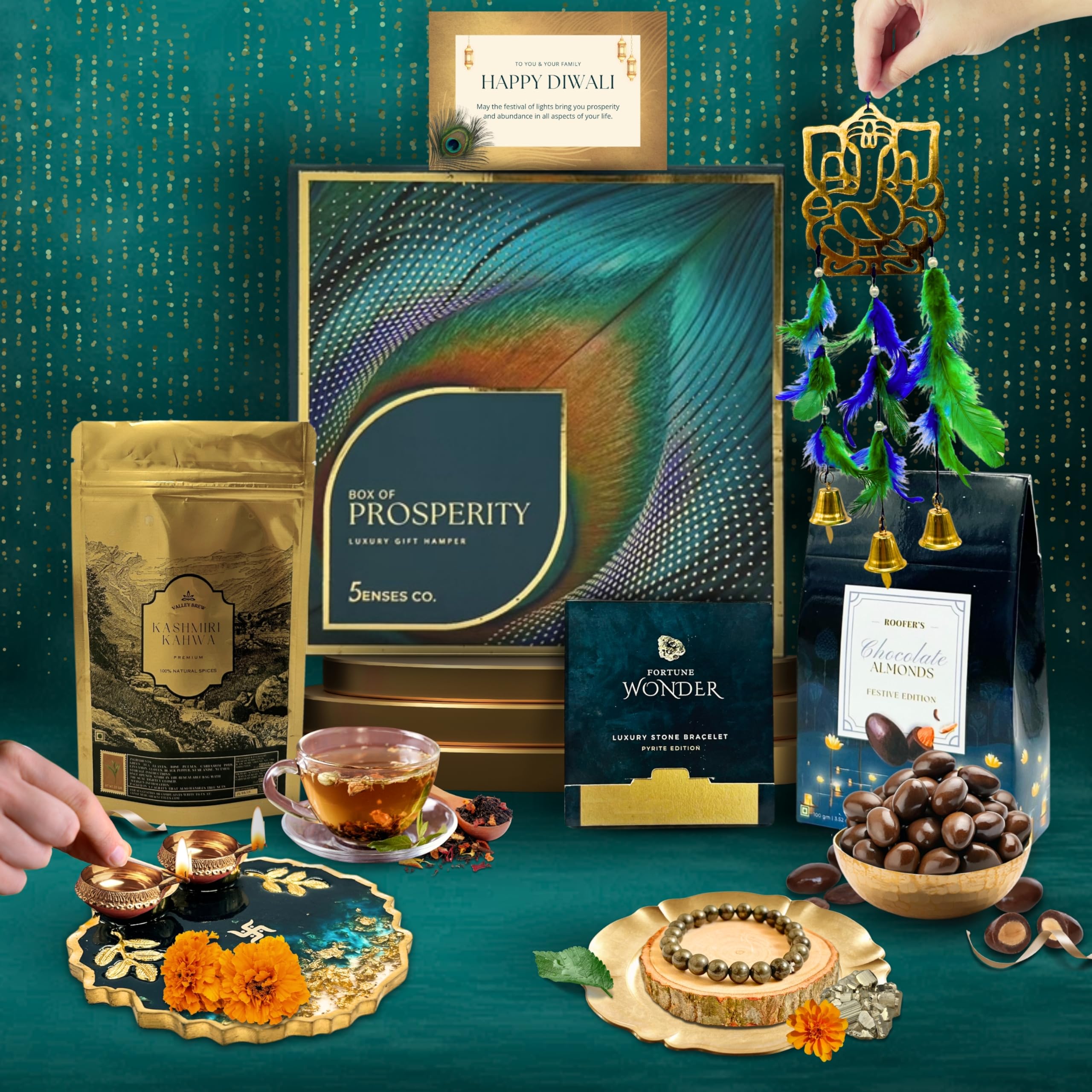 5 Senses Co. Prosperity Diwali Gift Luxury Hamper- Contains Chocolate Almonds, Kashmiri Kahwa Green Tea, Pyrite Bracelet for Wealth | Resin Pooja Diya Thali & Ganesh Hanging | Premium Diwali Gift Box for Family & Friends | Corporate Diwali Gifts | Ho (B0DJBPKMS4) Amazon Price History, Amazon Price Tracker