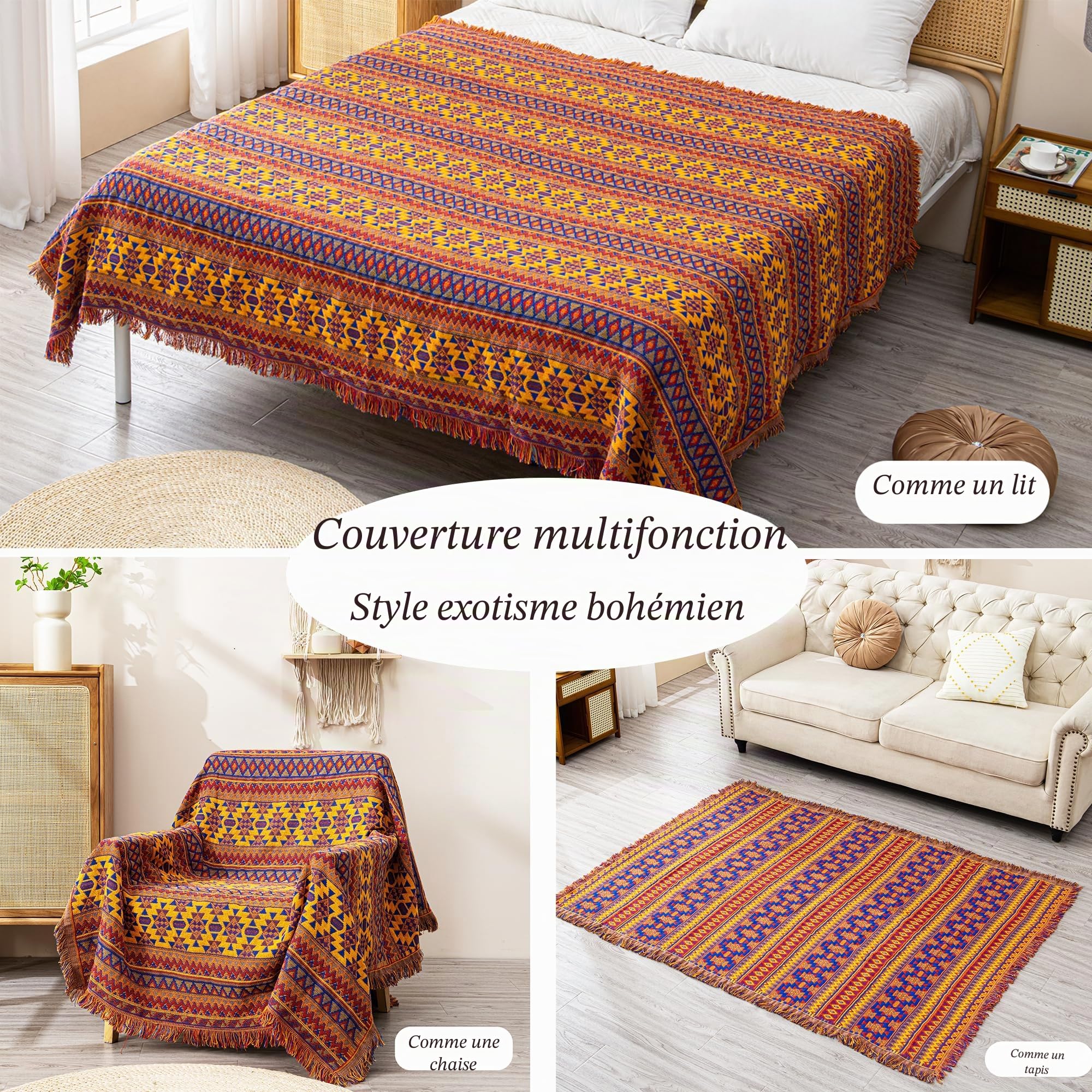 VANJOROY Grande Couverture Bohème Avec Pompons - 100% Coton Tissé à la Main pour Fauteuil, Canapé et Lit (230 x 250 cm)