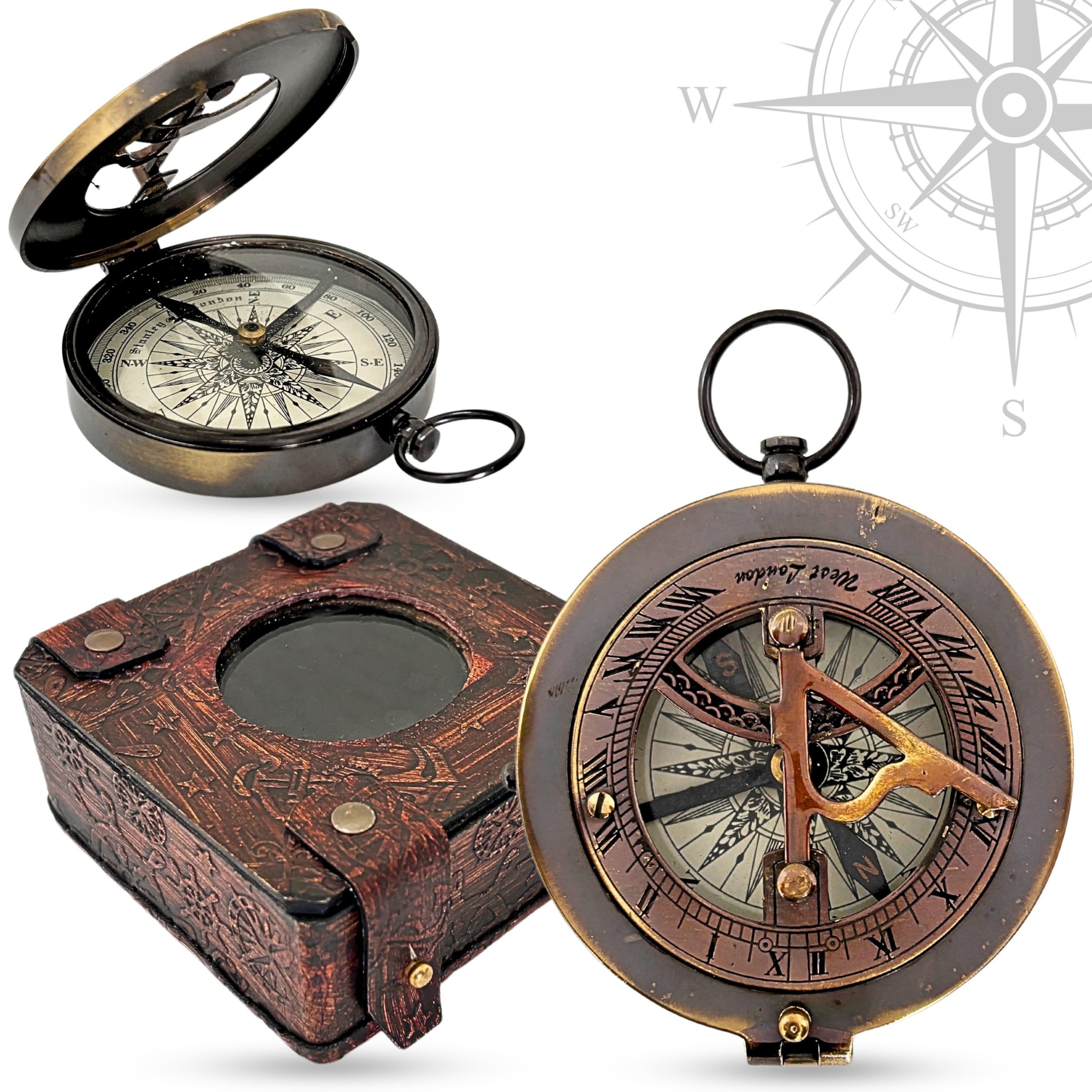 VARTH Antique Brass Sundial Compass, Marine Boat Gift, Pocket Sun Dial, Leather Display Box, Nautical Marine Gift, Sun Clock, Pirate Ship Replica Watch, Steampunk Accessory