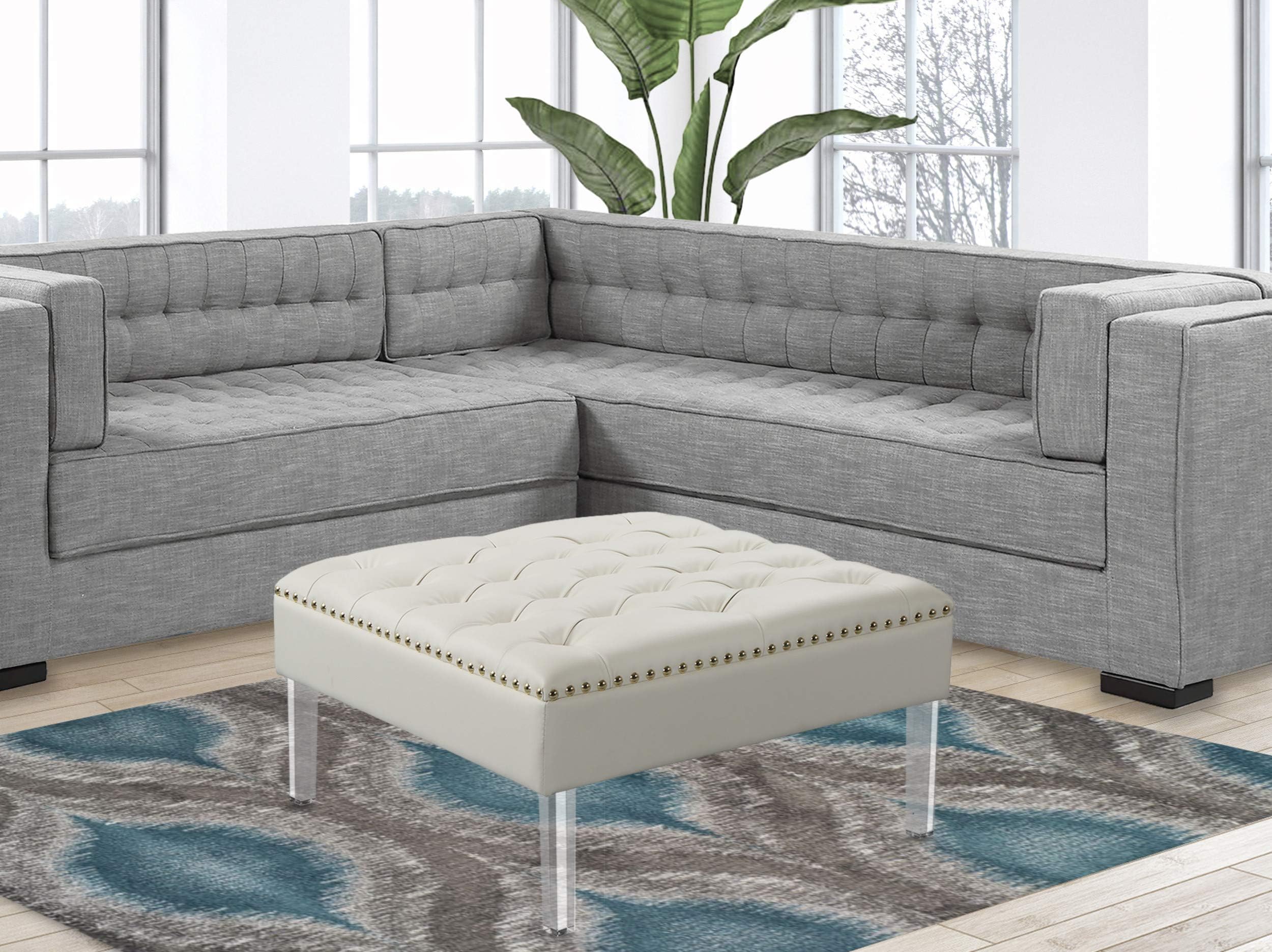 Pierre Square Ottoman Center Table Button Tufted PU Leather Upholstered Acrylic Legs Modern Transitional White