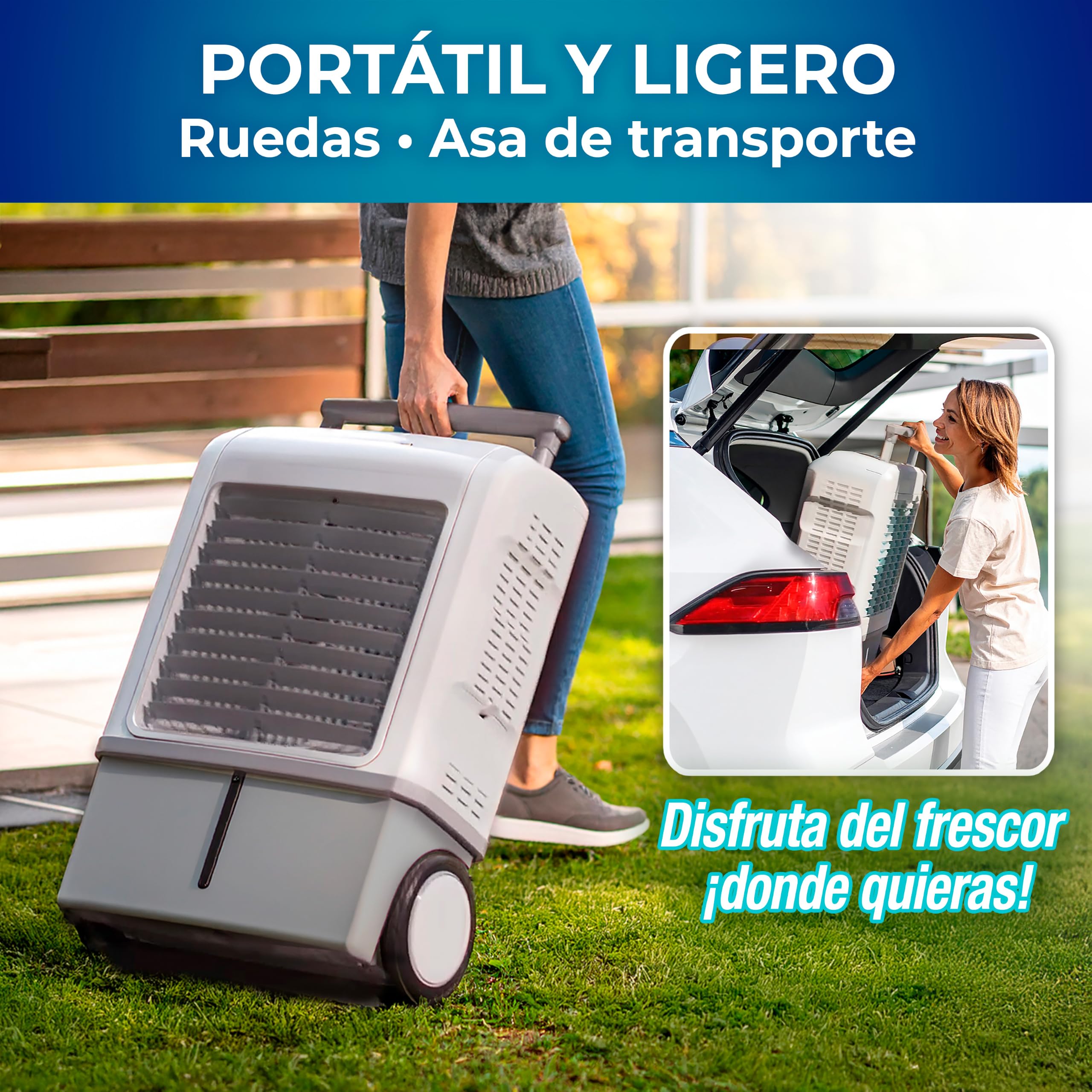 Enfriador Evaporativo Portátil TITAN CHILL. EXTERIOR/Interior. Tecnología Hydro-Chill. Depósito agua18L. Refresca hasta 46 m². 3 Velocidades. Conexión a Manguera. Ruedas/Asa. Sin instalación.