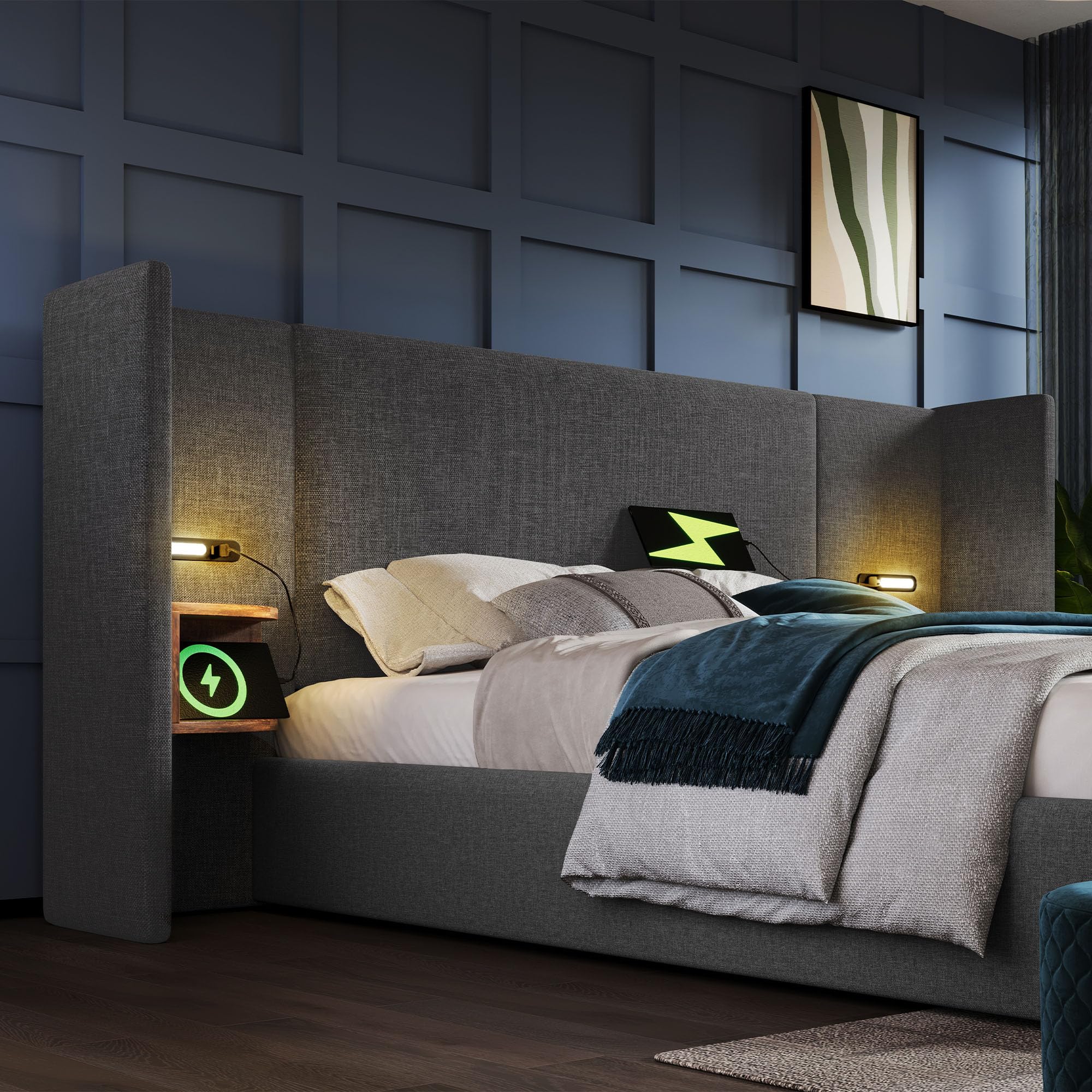 Letto imbottito 180 x 200 cm, comodino, lampada da lettura e ricarica USB C, rete a doghe legno massiccio e metallo, lino grigio