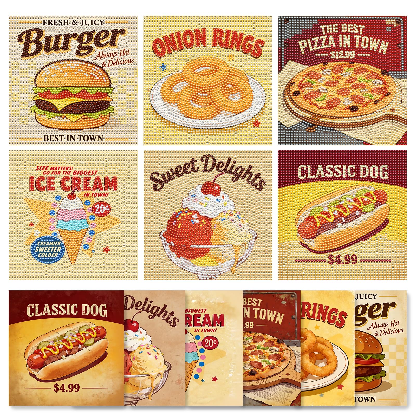 MOWOT 6 Pack Diamond Painting Kits for Adults, Retro Fast Food Vintage Signs DIY Diamond Art Kits, Full Drill Gem Paintings by Number, Kitchen Decor & Stress Relief Crafts for Desktop Ornament & Gift
