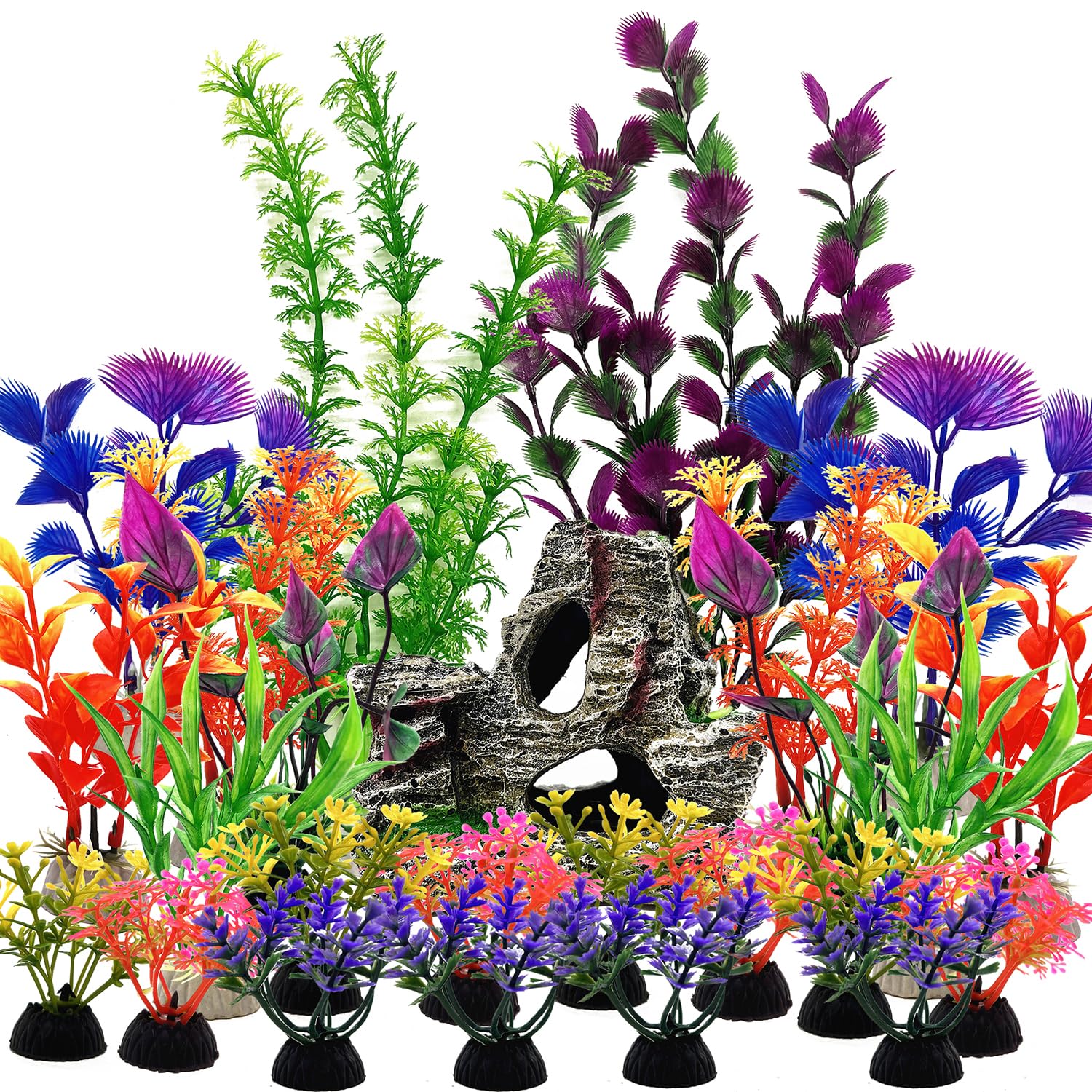 SLOCME 25 PCS Aquarium Plants & Rock Cave Decorations Set – Colorful Plastic Fish Tank Plants with Resin Rock Hideout, Realistic Aquarium Decor Accessories for Freshwater & Saltwater Tanks