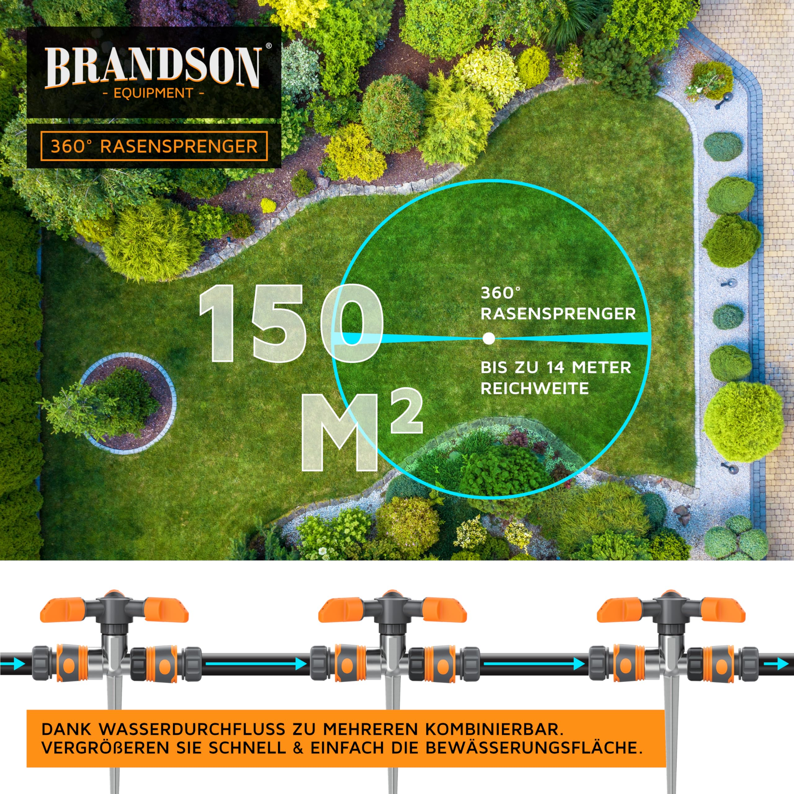 Brandson - 4 x Rasensprinkler 3 Fach mit Erdspieß – Rasensprenger 360 Grad - Flächenregner Sprühregner - Sprinkler mit 3 Arm – Einstellbarer Winkel 45° bis 90° - Reichweite bis zu 7m