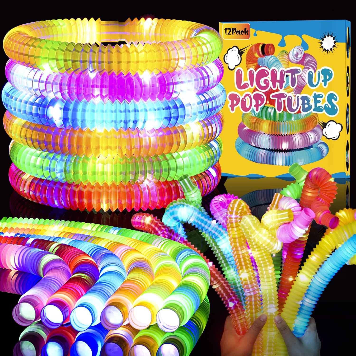 12 Pack Glow Sticks Party Favors for Kids, Light Up Pop Tubes Sensory Fidget Toy, Birthday Gift Party Supplies Goodie Bag Stuffer Classroom Prize