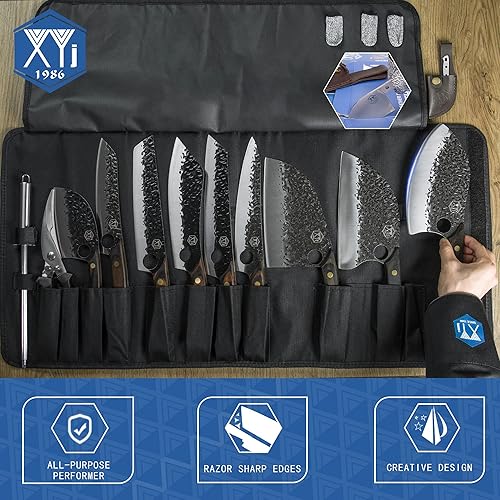 Miniatura 5 de XYJ Juego de cuchillos de carnicero de espiga completa, cuchillo de chef serbio Kiristuke con bolsa de rollo afilando cuchillos de cocina de acero