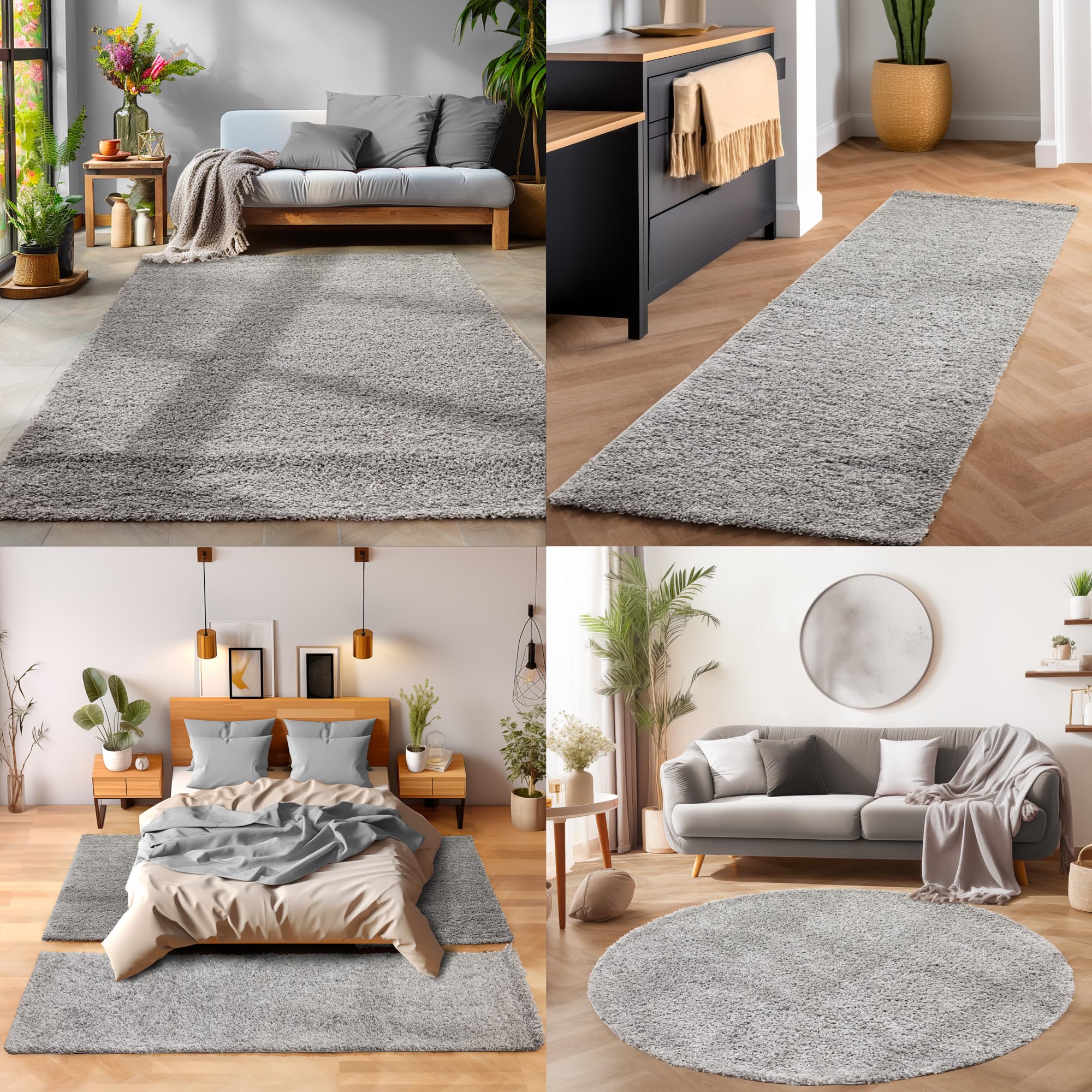 Tappeto stile Shaggy a pelo lungo, set da 3 pezzi - Scendiletto, per camera da letto, Polipropilene, grigio chiaro, 2x80x150+1x80x250