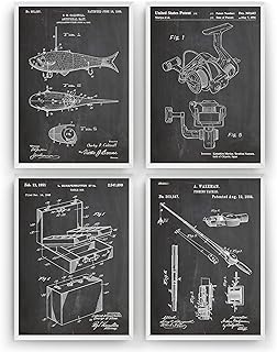 Magic Posters Fishing Set Of 4 Patent Prints - Poster Gift Blueprint Retro Wall Art Original Decor - Frame Not Included