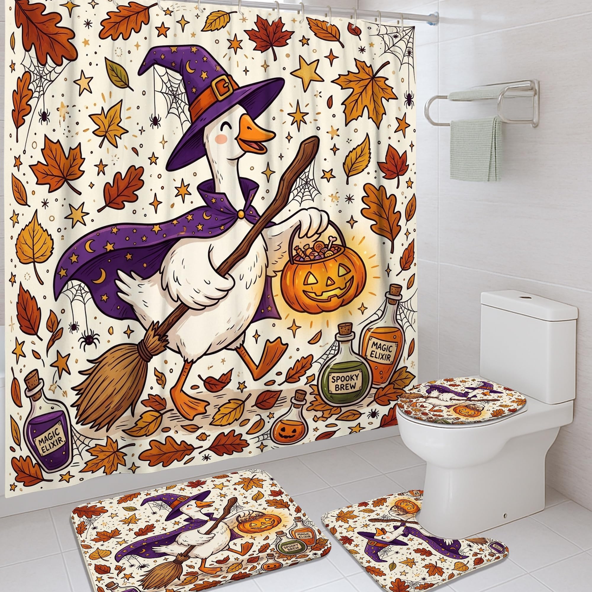 Rideau de douche oie orange citrouilles balai Halloween 183x183 cm