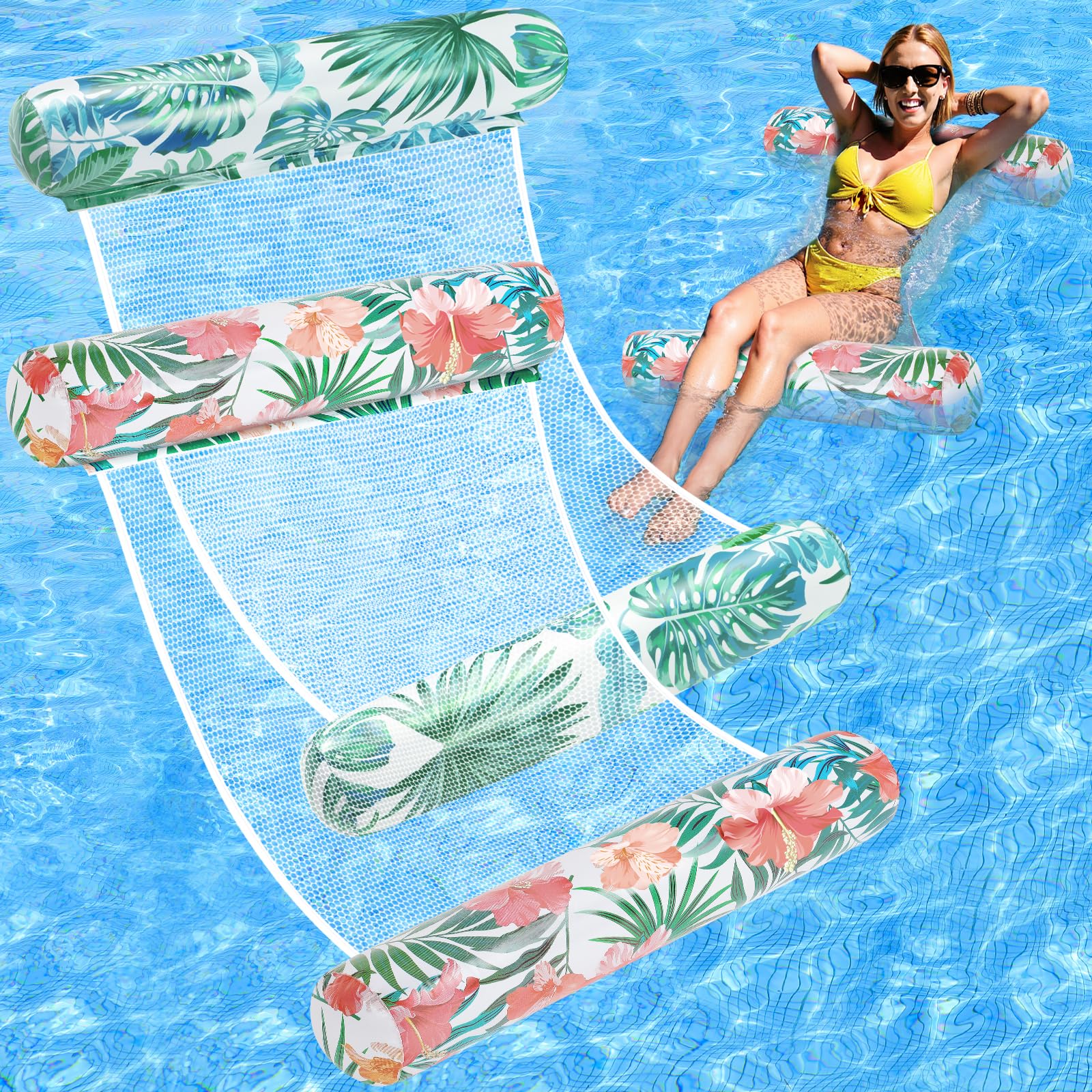 Pool Floats - 2 Pack Inflatable Pool Floats Rafts, 4-in-1 Pool Floaties for Adults, Pool Floats Adult Size, Multi-Purpose Toys Floats for Swimming Pool, Thick PVC Pool Lounger Float Water Hammock