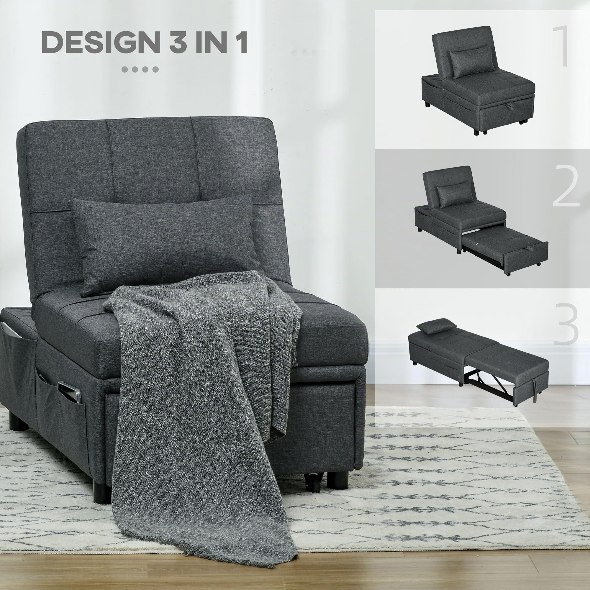 HOMCOM Poltrona Letto Singolo 3 in 1, Poltroncina Reclinabile a 3 Livelli con Rivestimento in Tessuto Effetto Lino e Cuscino, 65.5x104x81 cm, Grigio