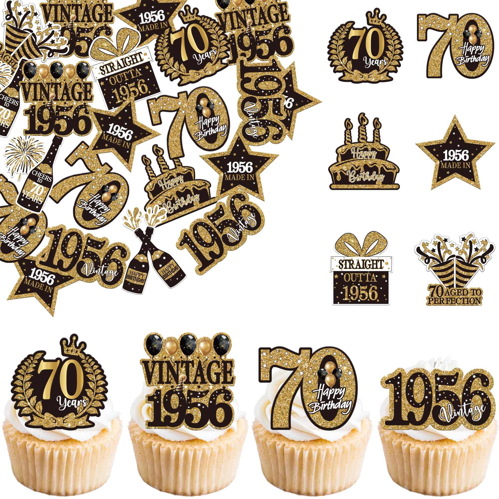 60 Pack Edible 70th Cupcake Toppers Hello 70 Vintage 1956 Birthday Cake Decorations for Happy 70th Birthday 70th Cake Decoration for Birthday Wedding Anniversary Accessories Party Cake Decoration