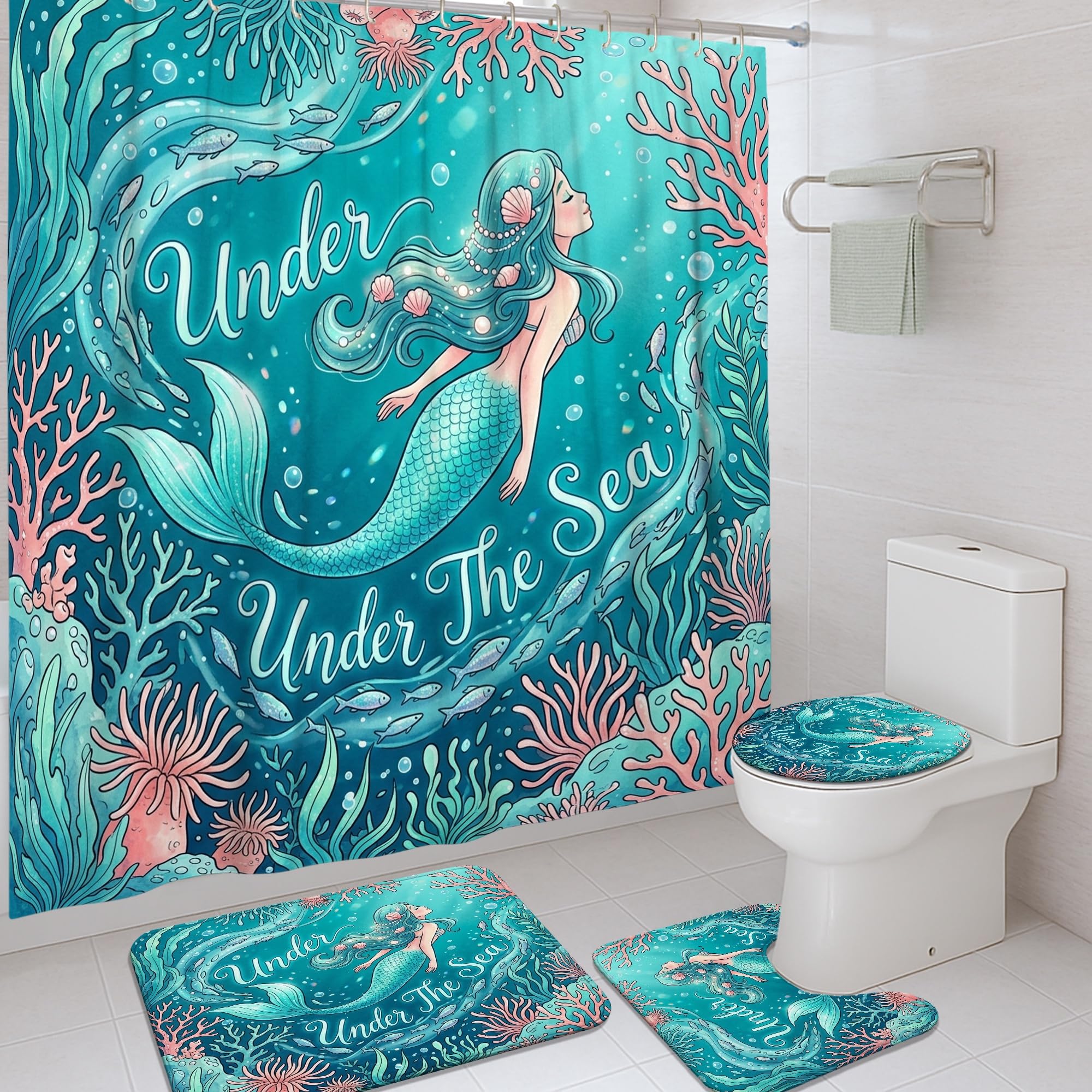 Rideau de douche sirène fantaisiste grand format en tissu imperméable