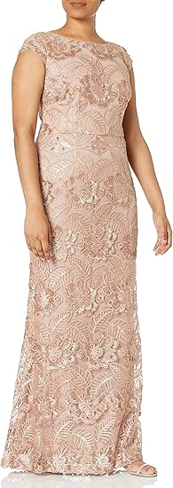 Alex Evenings Women's Long Embroidered Cap Sleeve Dress