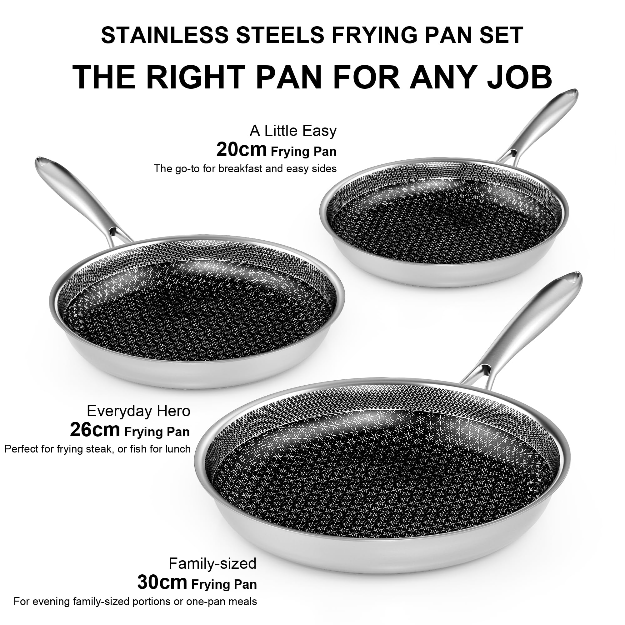 RIOVARM Acier inoxydable Set de poêles à frire Induction Antiadhésive Batterie de cuisine 20cm 26cm 30cm Poêle Wok Lavable au lave-vaisselle Sans danger pour le four pour tous les types de cuisinières