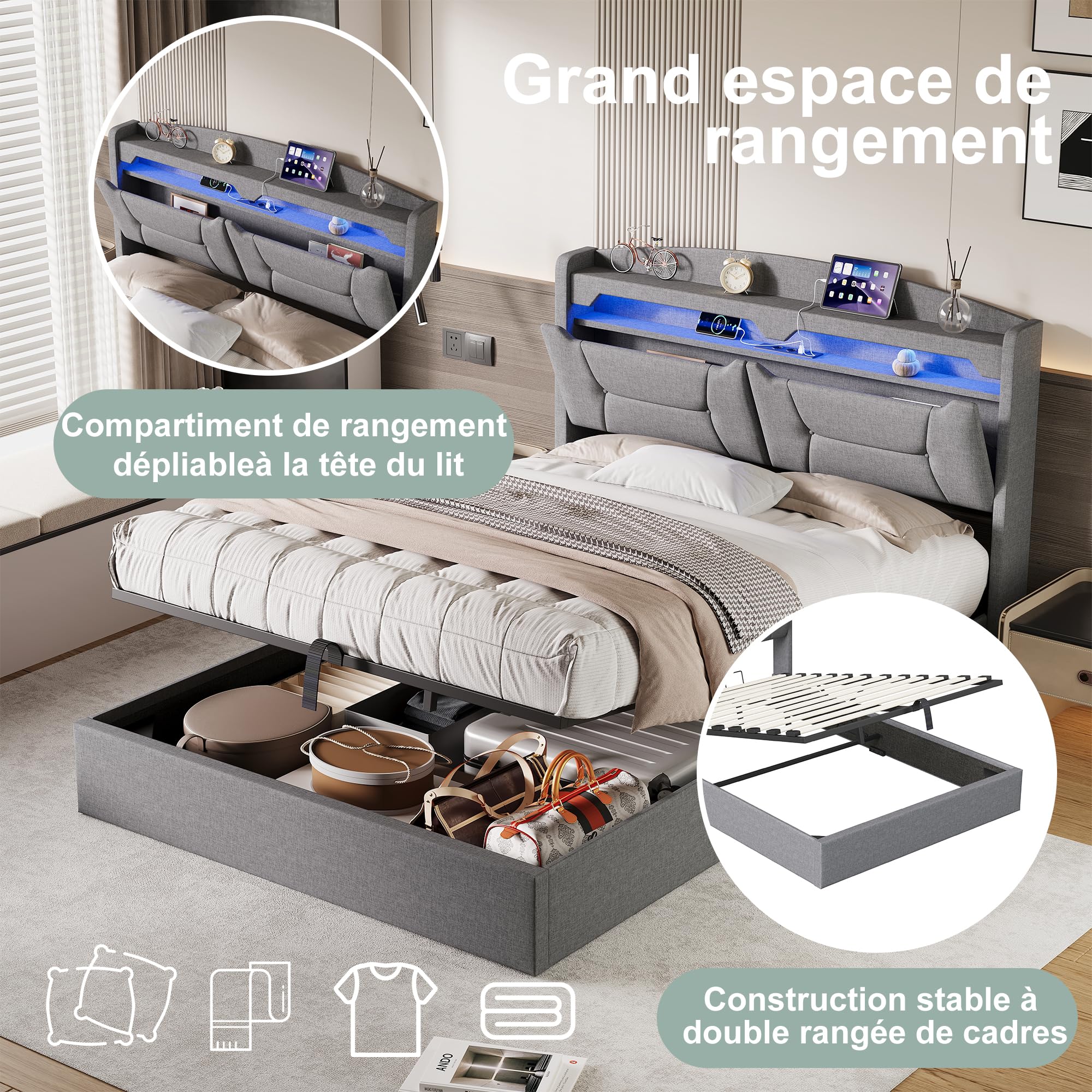 Letto con Cassetto 140x200 con LED e USB, Letto per 2 Persone con Testiera Imbottita e Spazio di Archiviazione, Letto Matrimoniale con Rete a Doghe per Adulti e Adolescenti, senza Materasso
