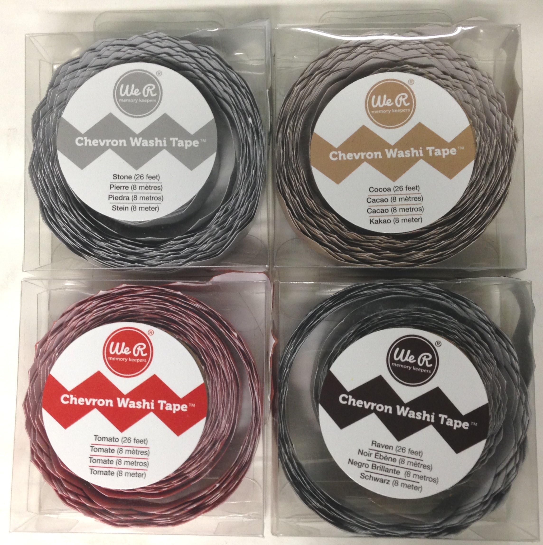 We R Memory Keepers Chevron Washi Tape Bundle - New! 4 Colors: Tomato, Apricot, Stone, Raven.