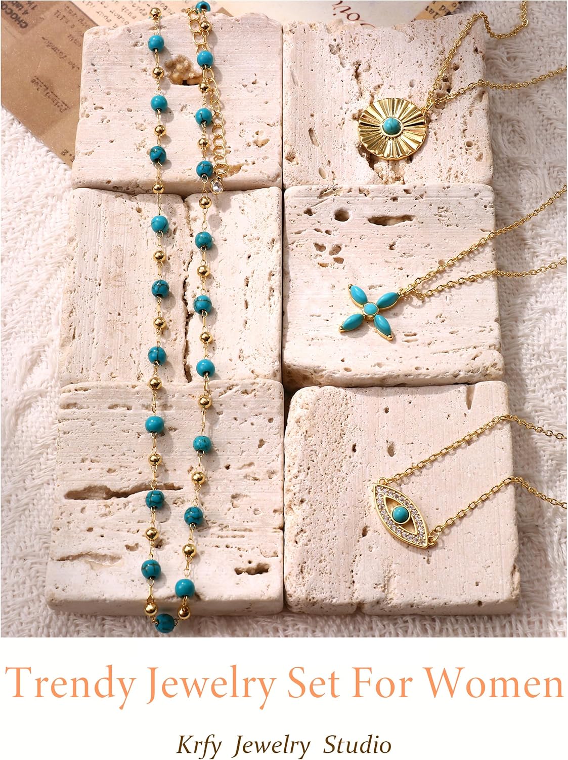 KRFY Turquoise Layered Necklaces for Women Trendy, 16K Plated Gold Necklace for Women, Strand Dainty Beaded Necklace Stack, Pendant Evil Eye Cross Necklaces for Women, Chain Choker Jewelry Non Tarnish - Image 6