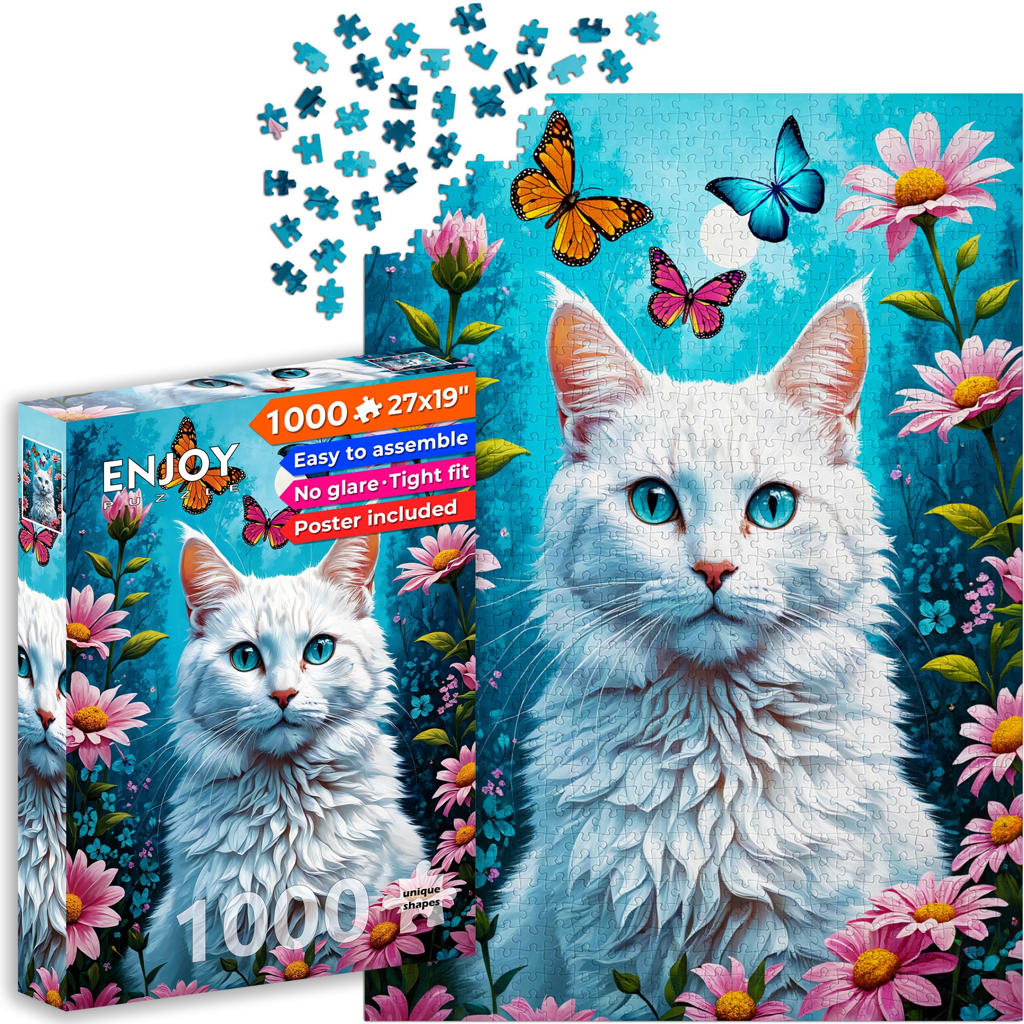 ENJOY Puzzle White Cat in Flower Garden Illustration – 1000 Pieces Jigsaw Puzzle for Adults – Matte Finish, Soft Touch, Easy to Assemble, Tight Fit,