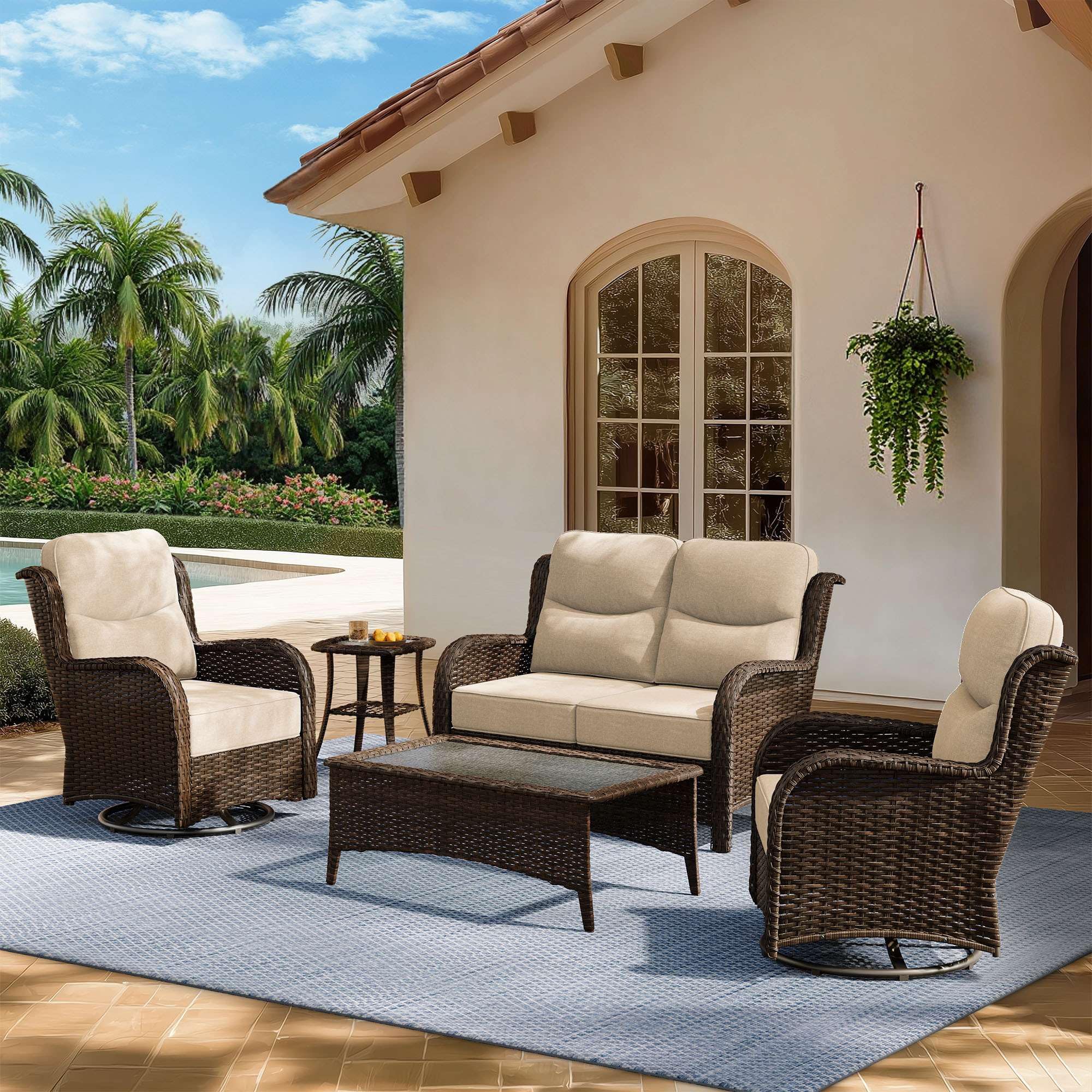 HILLGA 5pcs Wicker Swivel Rocker Set