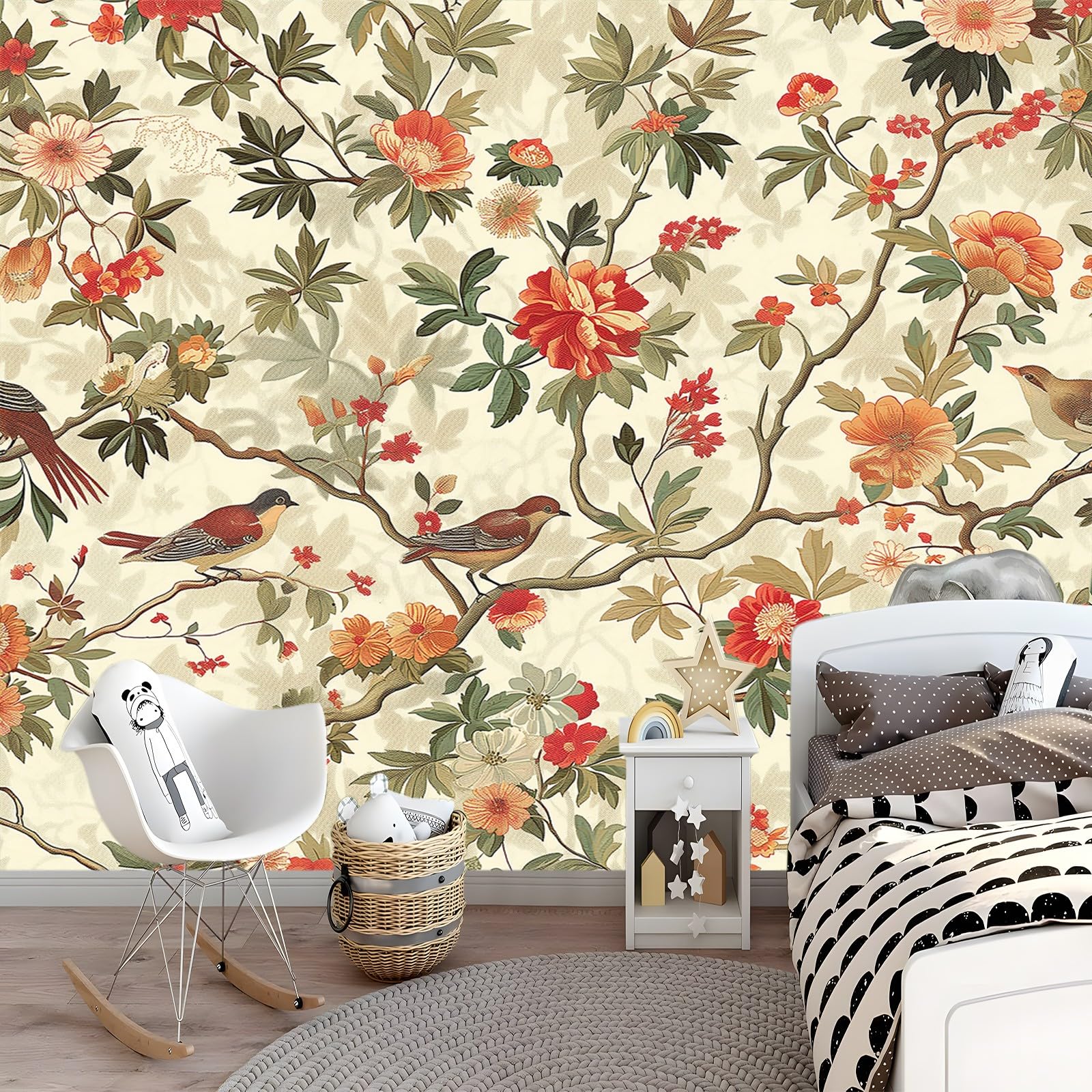 Tapeta 350 x 256 cm, tapeta z włókniny, tradycyjne kwiaty i ptaki, dekoracja, wodoszczelna, folia ochronna na ścianę, do sypialni, salonu, folia meblowa, tapeta ścienna, kolorowa, w zestawie poradnik