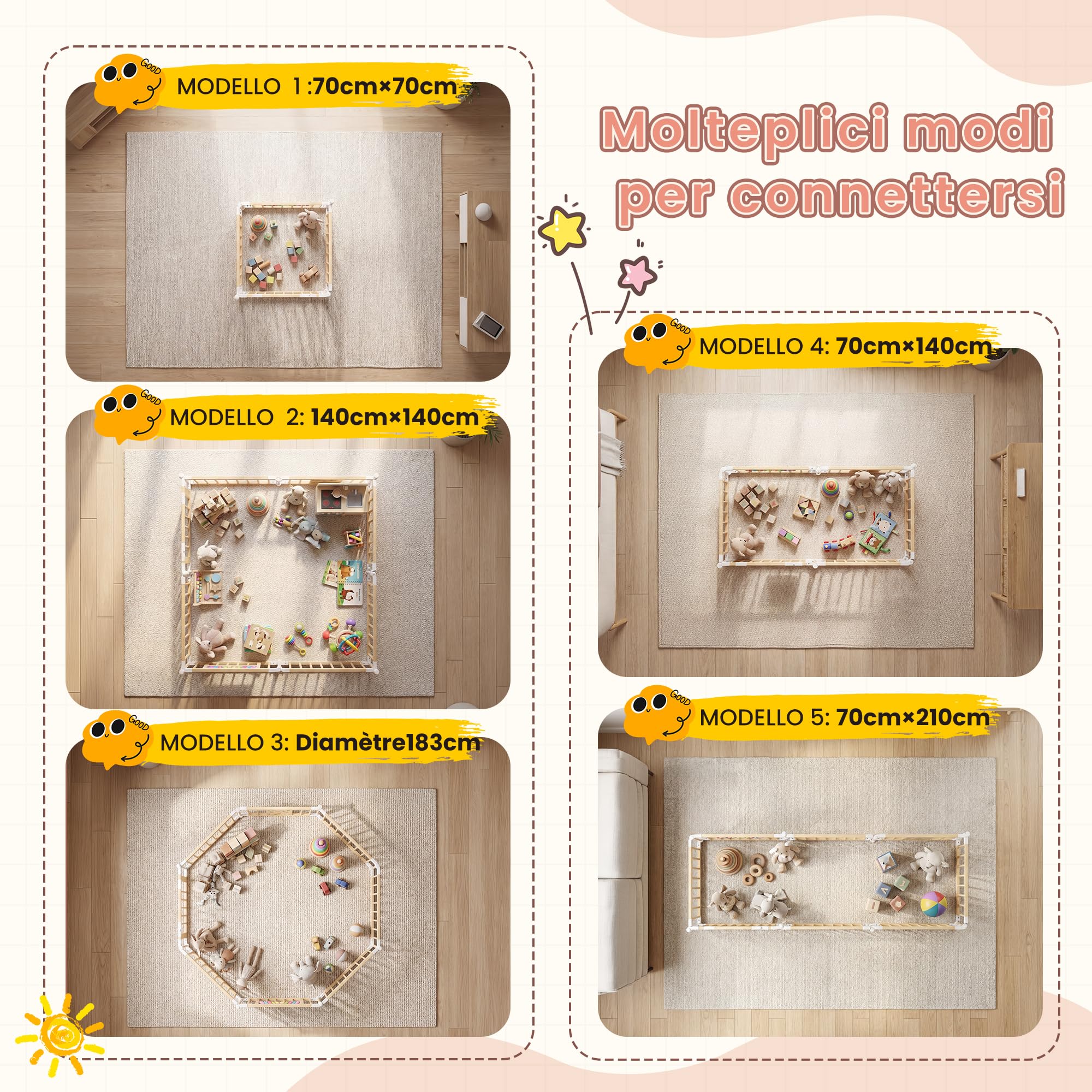 BLEKOO Recinto per bambini in legno con centro giochi – 140 x 140 cm Box bambini pieghevole | Recinto in legno regolabile con giochi e cancelletto (8 pezzi)
