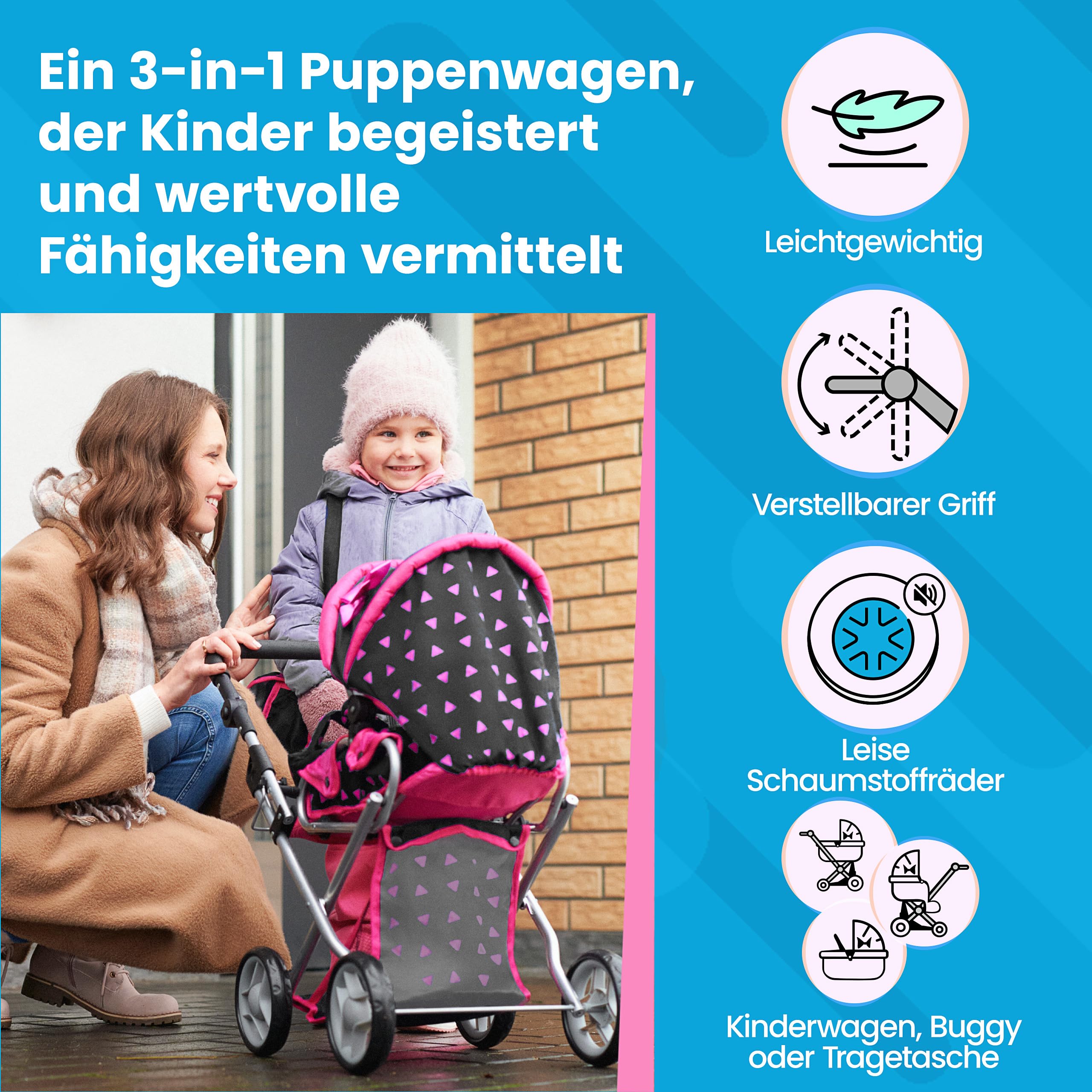 Kinderplay Puppenwagen ab 1 2 3 Jahre Kinderwagen Spielzeug - 3 in 1, Puppenwagen mit Herausnehmbarer Tragetasche und Umhängetasche, Höhenverstellbar 36.5 cm bis 64 cm, KP0200R