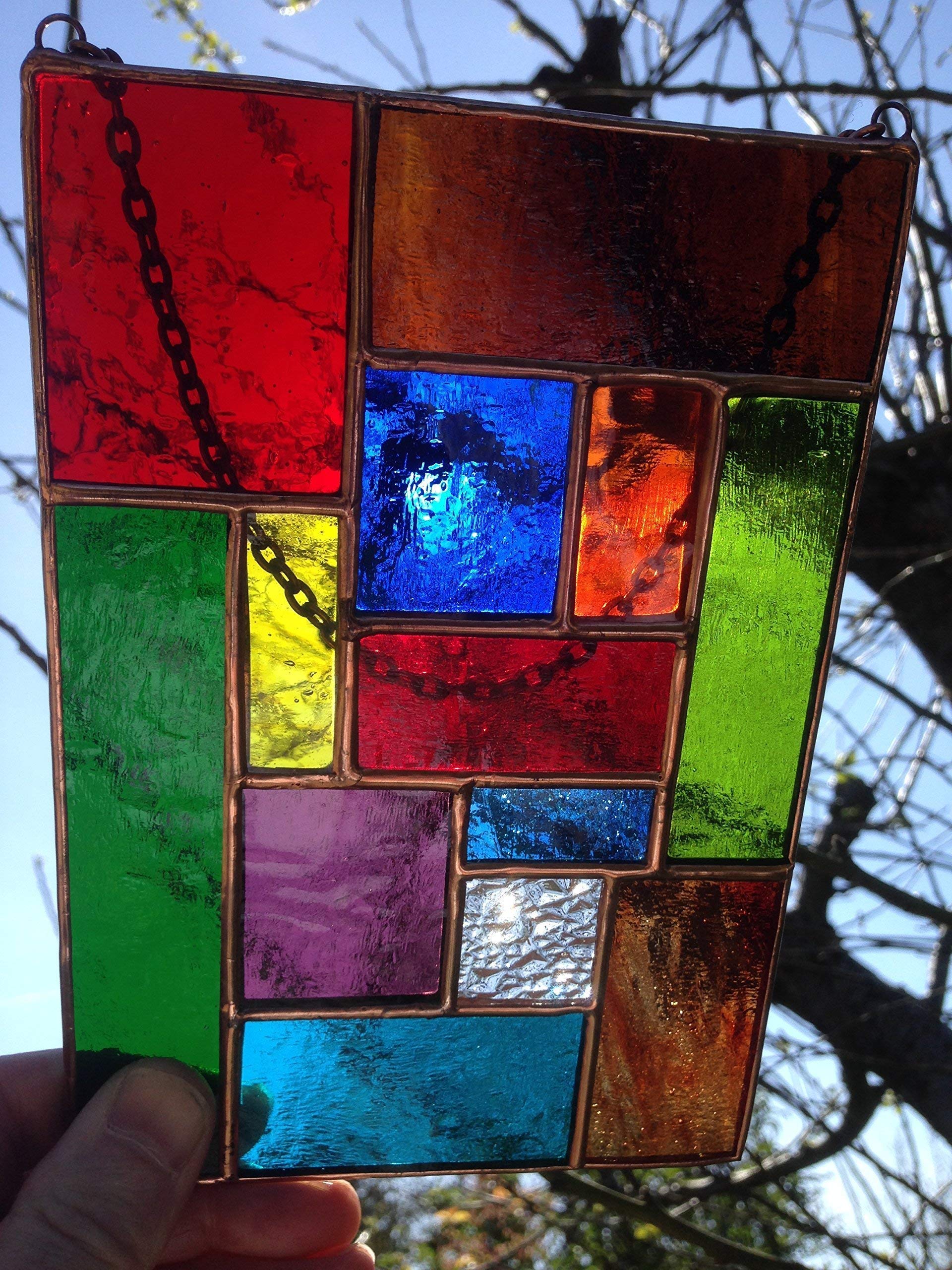 Pannello in vetro colorato, multicolore in rame, astratto, arte fatta a mano