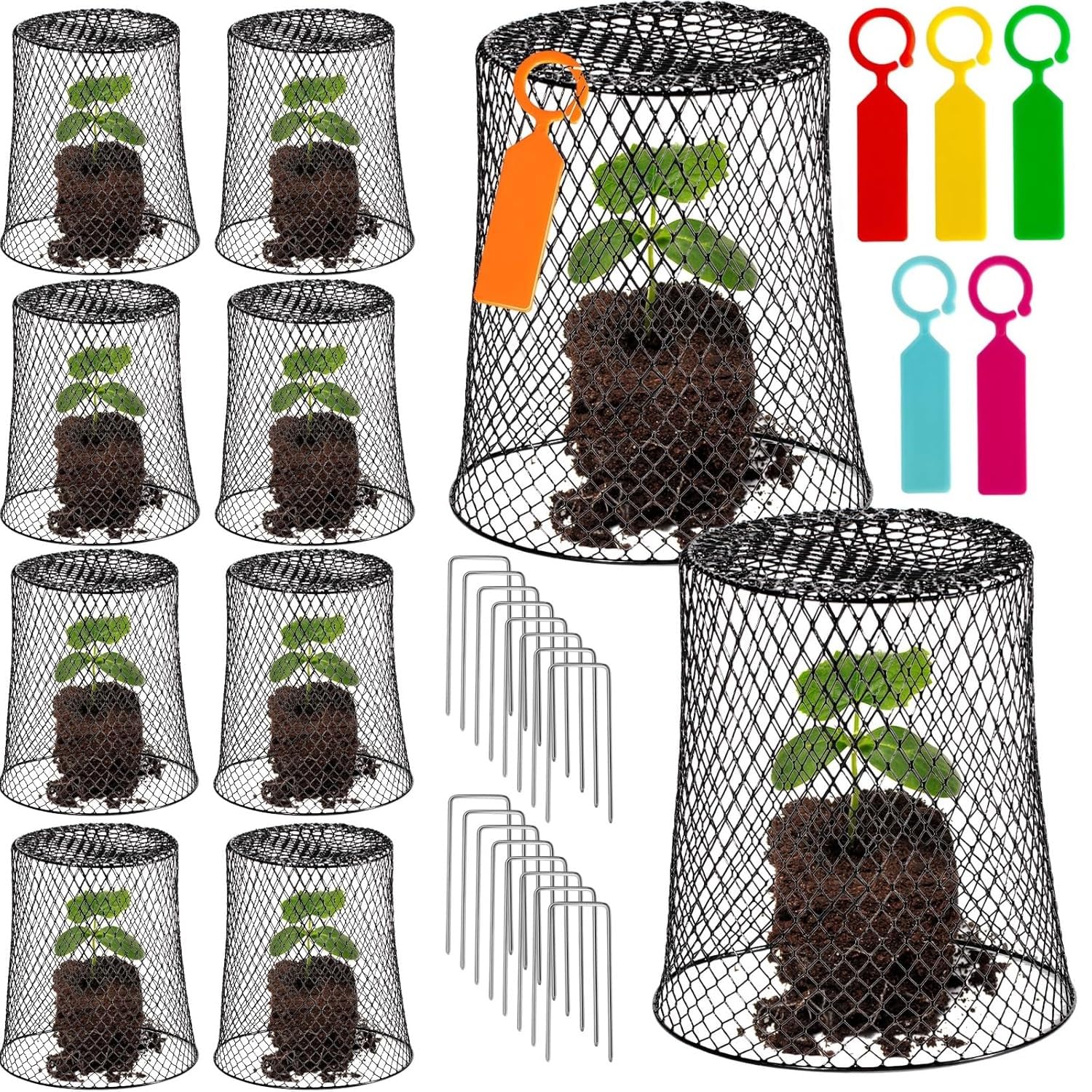 KAHEIGN 12Pcs Chicken Wire Cloches, 23CM x 23CM Metal Garden Plant Cover Netting Plant Protector Cage with 40Pcs Stakes and 30Pcs Labels for Keeping Bunnies Chicken Squirrels Birds Other Out