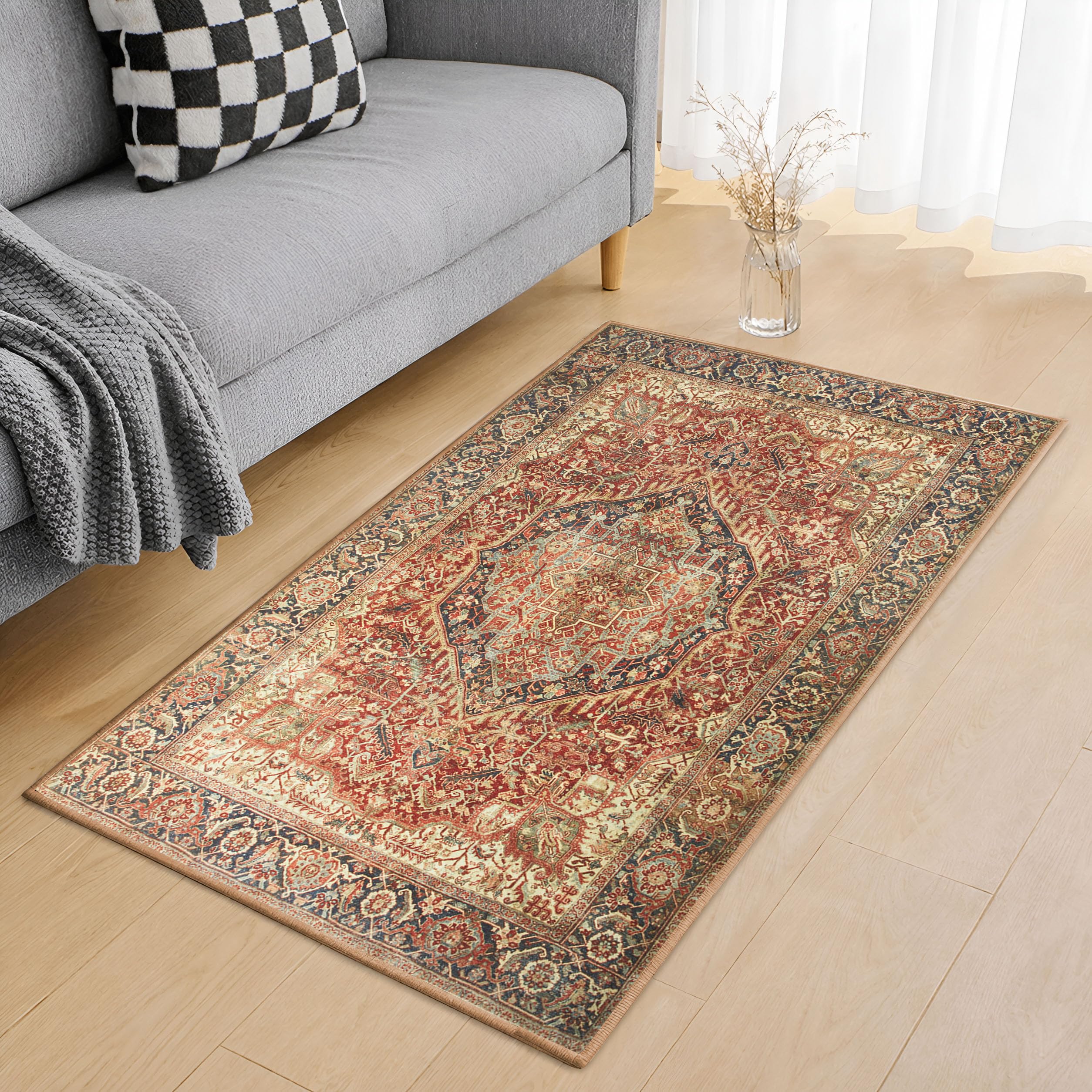 Hafaa Washable Rugs Living Room Small 60x110 cm – Soft Short Pile Area Rugs For Bedroom, Kitchen Carpet Non Slip Bedside Rug Traditional Floral Design Vintage Boho Cashmere Rug, Majestic — image 1