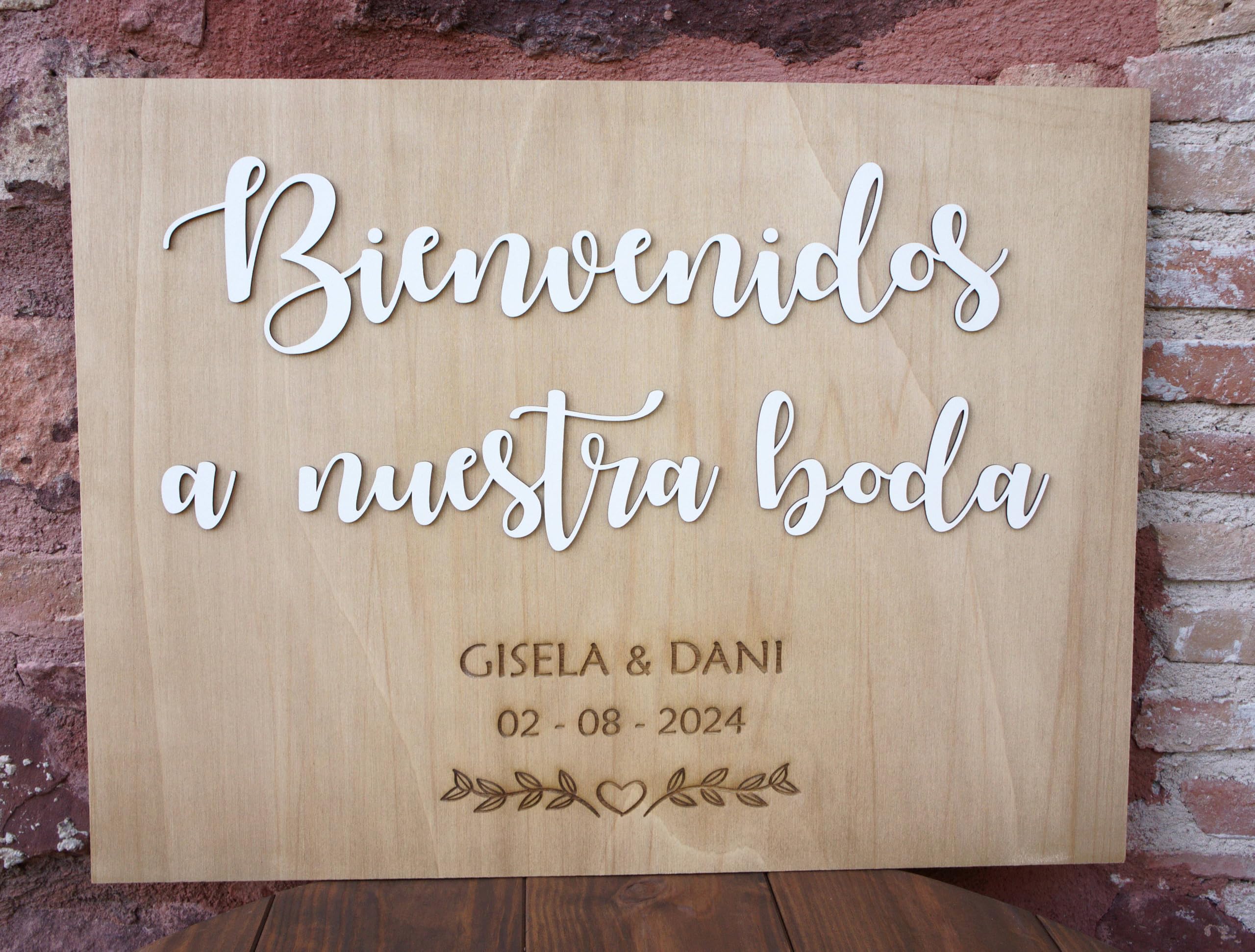Cartel "Bienvenidos a nuestra boda" de madera personalizado, medidas 60 x 40 cm
