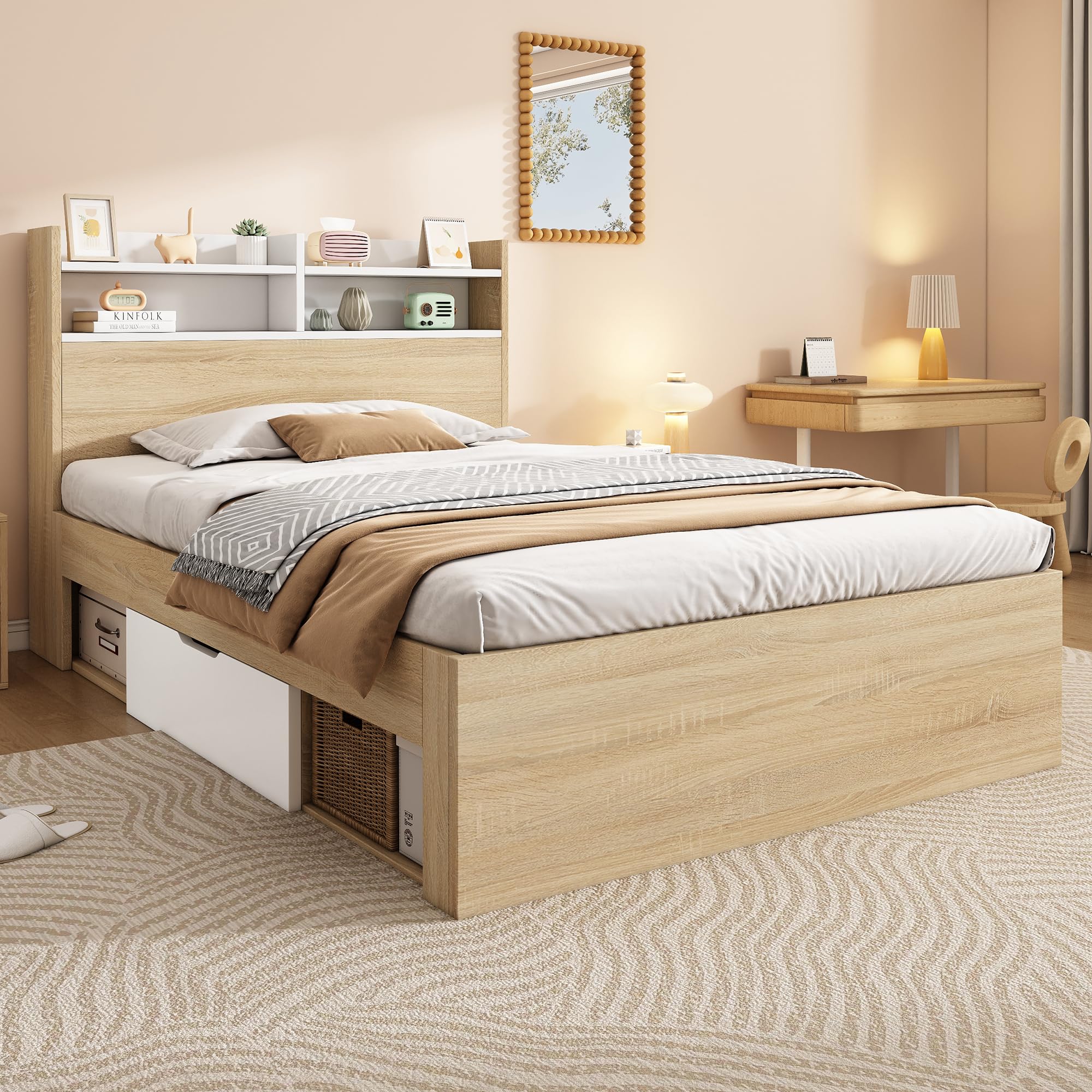 Cama individual 90 x 190 cm, cabecero con estante de almacenamiento, 2 cajones, cama de madera maciza, ideal para habitaciones compactas, sin colchón, natural