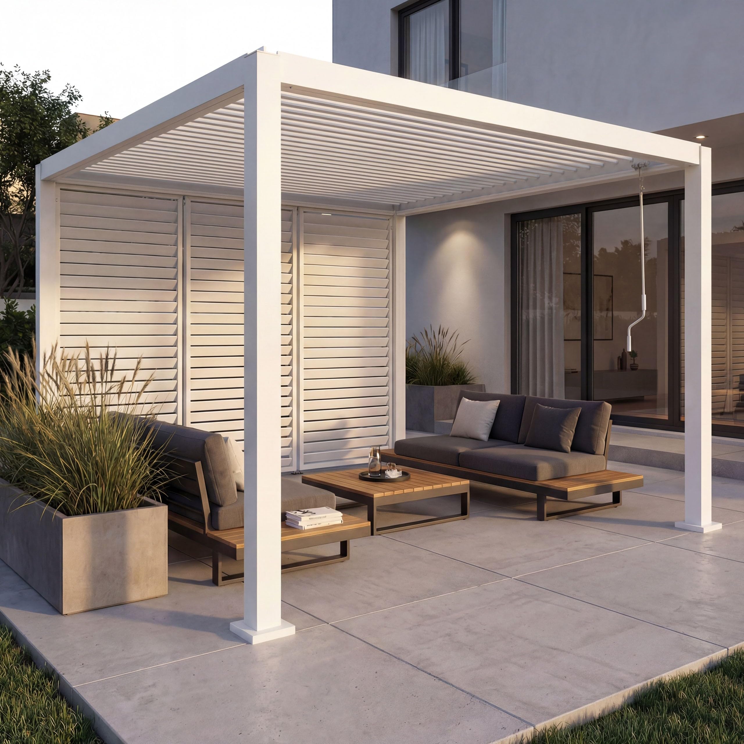 Mendler Pergola HWC-P65 mit 3X Lamellenwand Alu-Gestell 3x3m - weiß