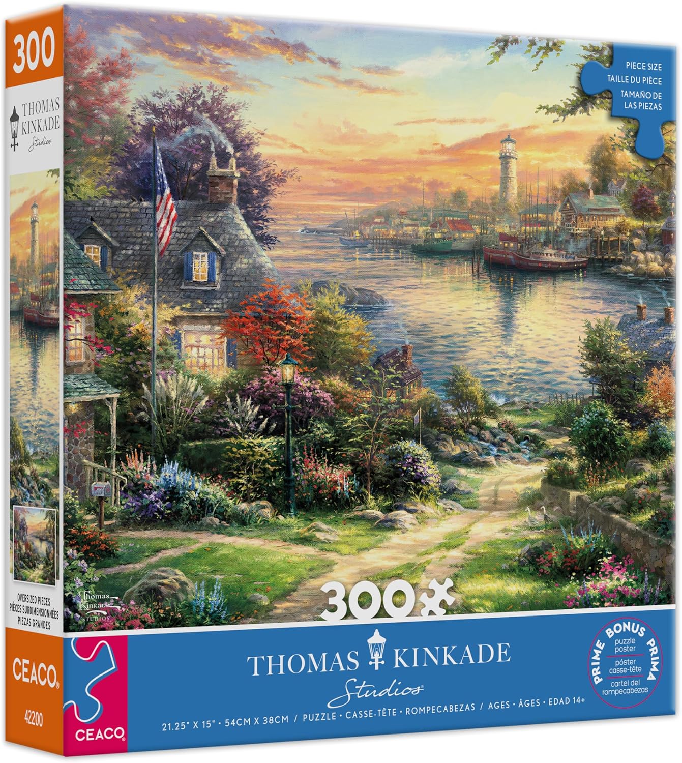 Ceaco – New England Harbor Jigsaw Puzzle – Thomas Kinkade Studios - 300 Piece Oversized Puzzle for Adults with Poster - Scenic Artwork – Large Pieces – Made in USA