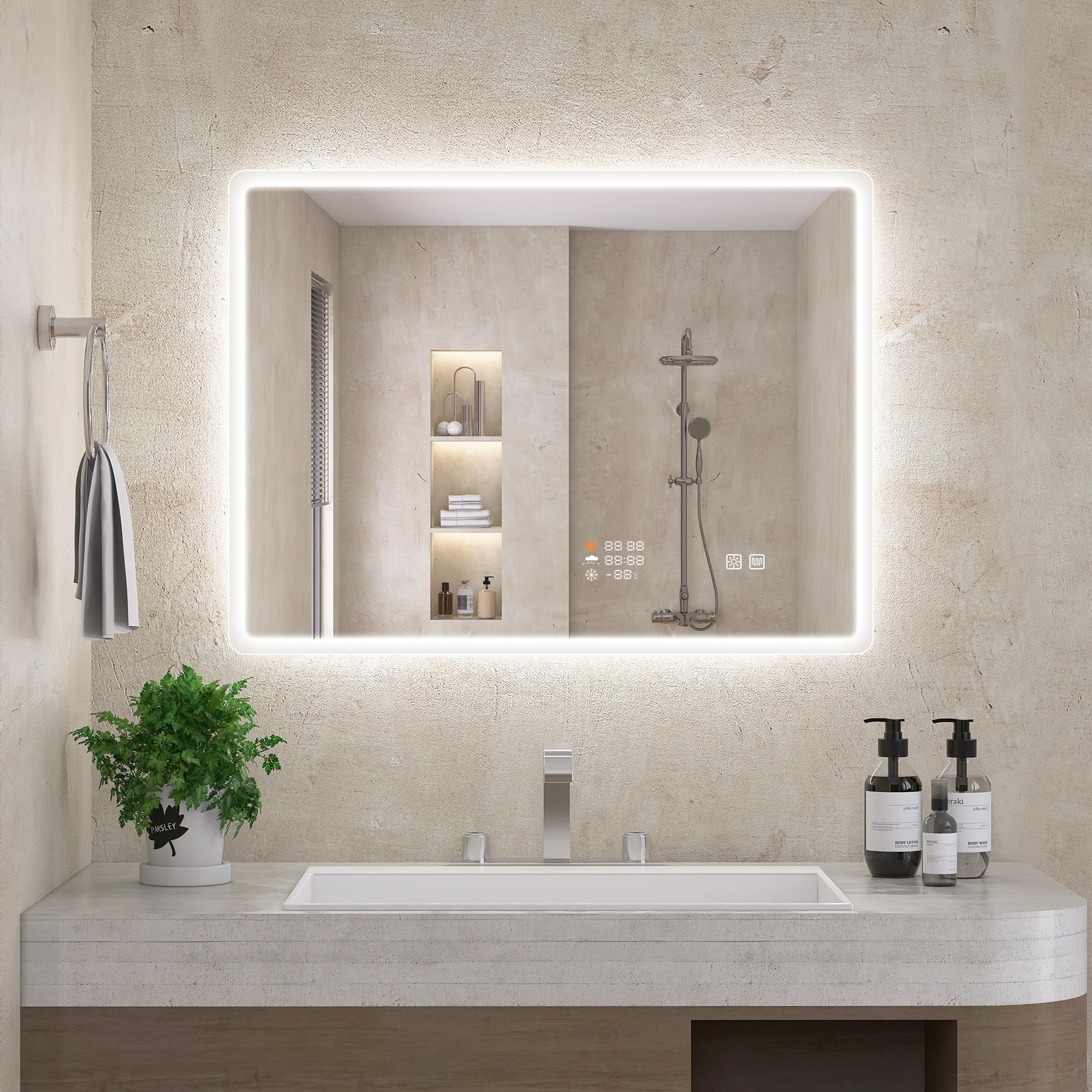 S'bagno 60x80cm Bathroom-Mirror-with-LED-Lights,Clock, Date, Weather — image 1