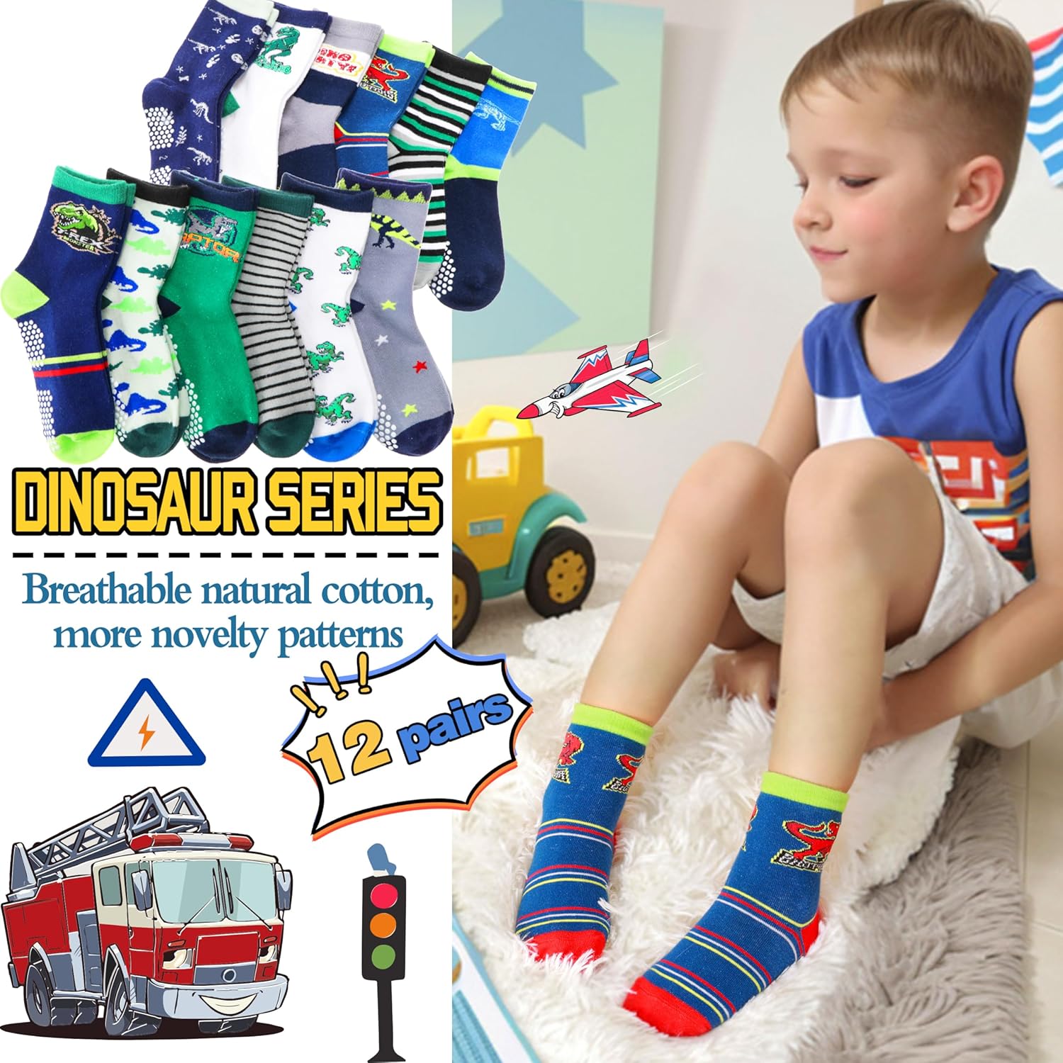 Baby Boys Grips Socks 12 Pairs Kids Toddlers Infants Anti Slip Non Skid Funny Cartoon Crew Breathable Cotton Socks - Image 3