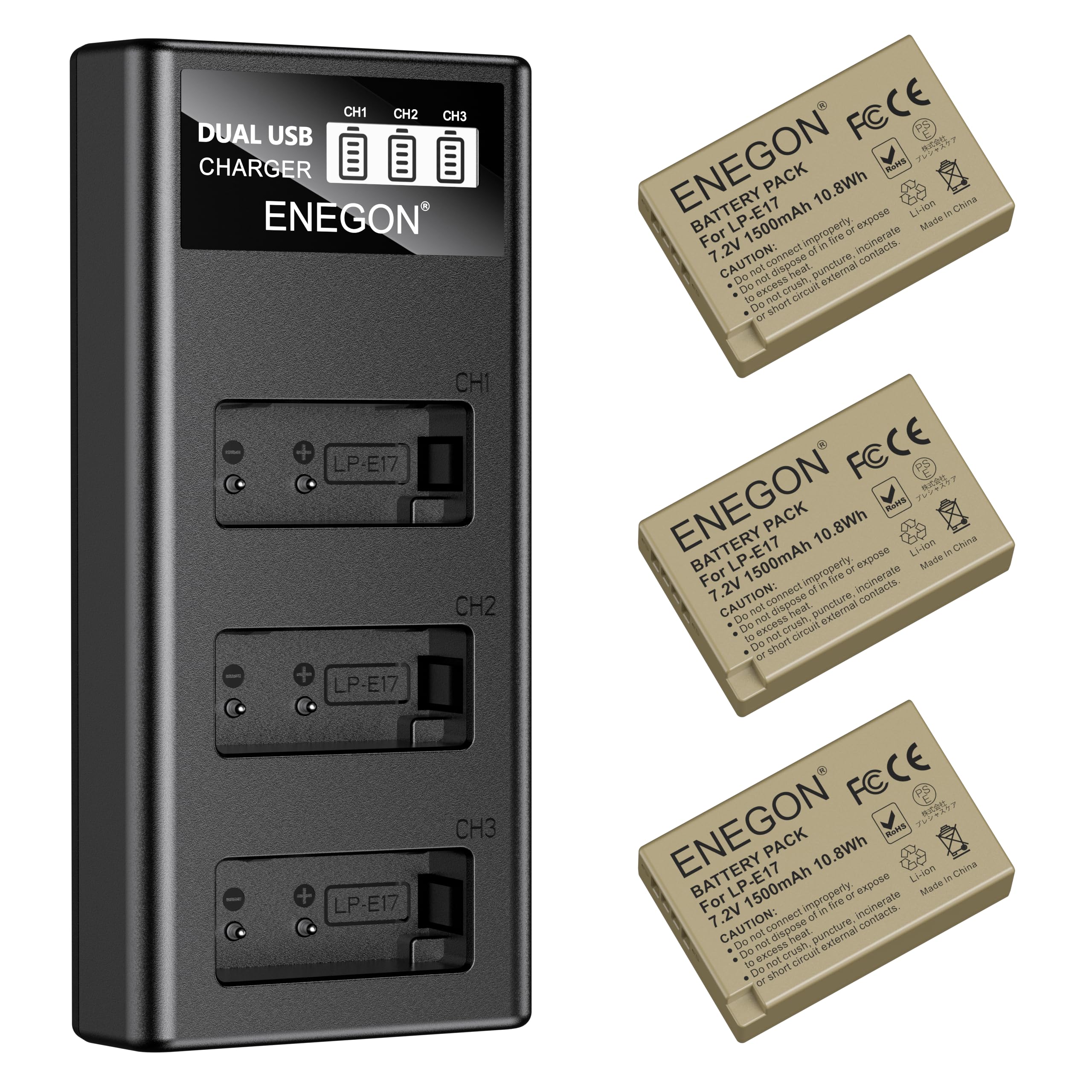 ENEGON 3-Pack LP-E17 1500mAh Batteries + Chargeur LCD à 3 Emplacements, Compatible avec Canon EOS R10, R8, RP, R50, R100, M3, M5, M6, EOS 200D, 250D, 750D, 760D, 800D, 850D, RP