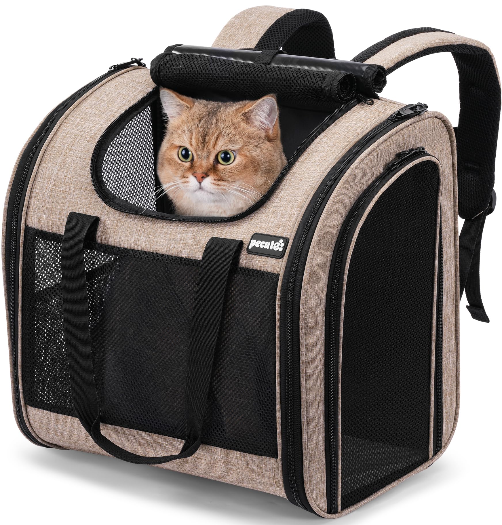 pecute cat backpack with widened interior space, upgraded dog backpack carrier with various ways to carry, pet backpack with breathable mesh, pet travel carrier with soft padded,khaki